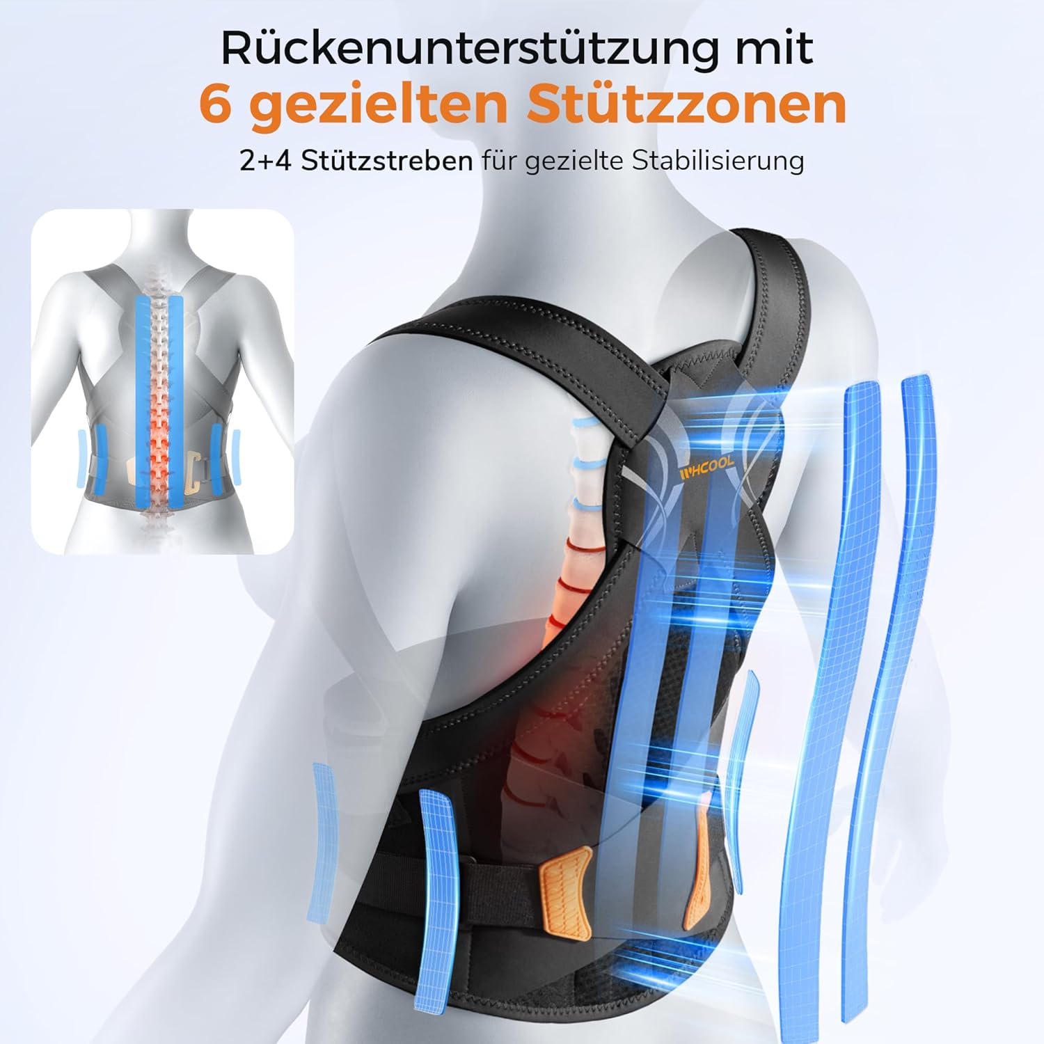 Leichter Fit-Rückenglätter, Rückenstützgürtel, Haltungskorrektur für Männer und Frauen mit Kreuzzuggurten und 6 Stützstangen, 15 % längerer Haltungstrainer, Rückengurt, breite gepolsterte Schulter – Bild 4