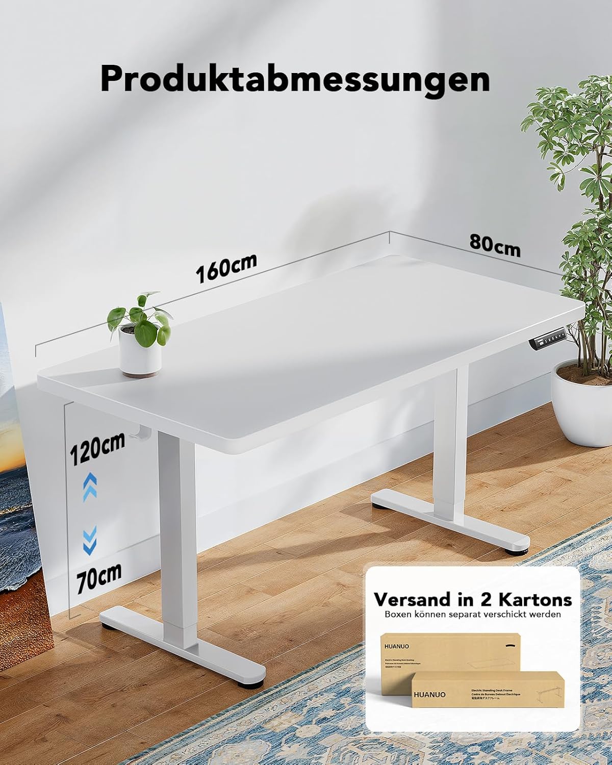 HUANUO Höhenverstellbarer Schreibtisch 160 x 80 cm, 25 mm ganze Tischplatte mit bürstenlosem Motor, ergonomischer Stehsitztisch, Stehpult, einfache Montage, elektrischer Stehpult für das Home Office – Bild 5
