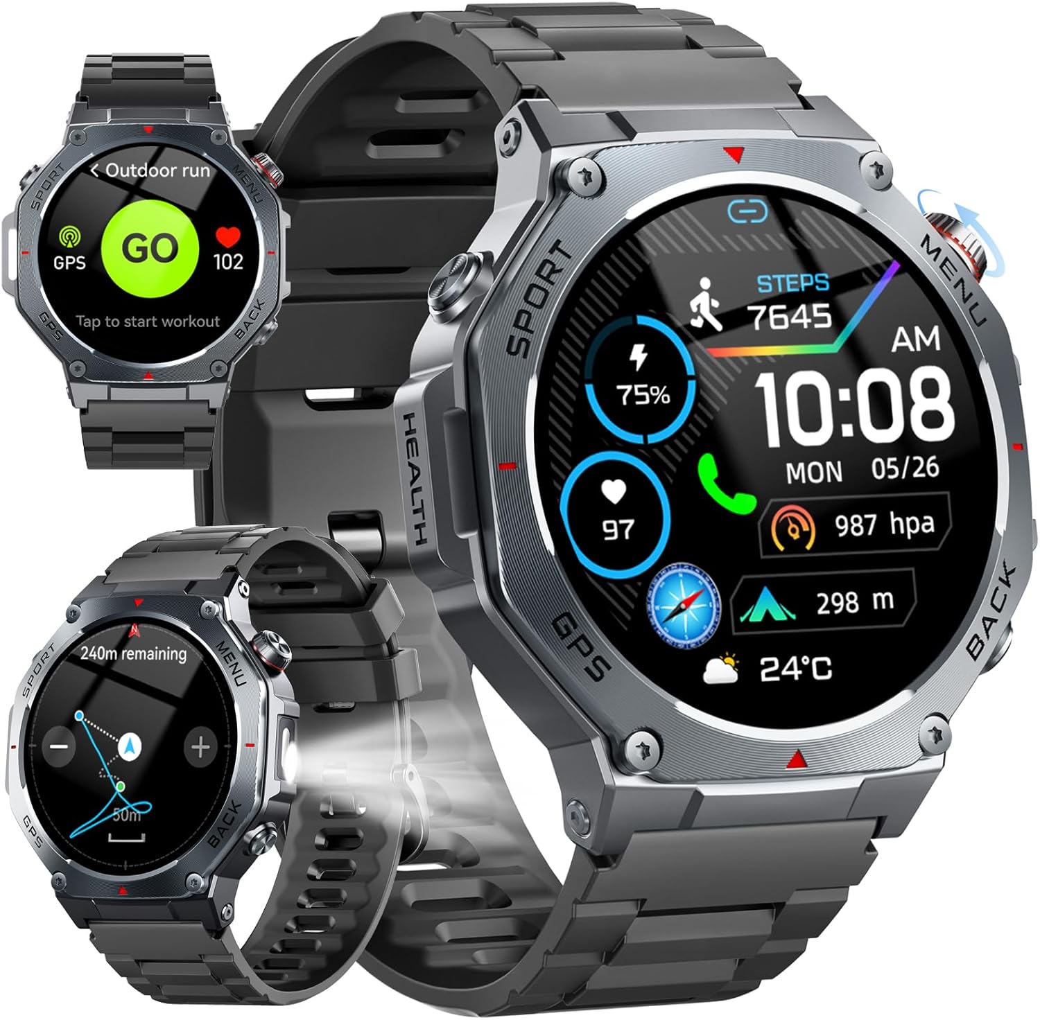 Smartwatch Herren GPS, 1,43"AMOLED Militär Fitnessuhr mit Bluetooth Anrufe, Kompass 160+ Sportmodi, 5ATM Wasserdicht, 24/7 Herzfrequenz, Schlafmonitor, Schrittzähler, Sportuhr Outdoor Android für iOS – Bild 9