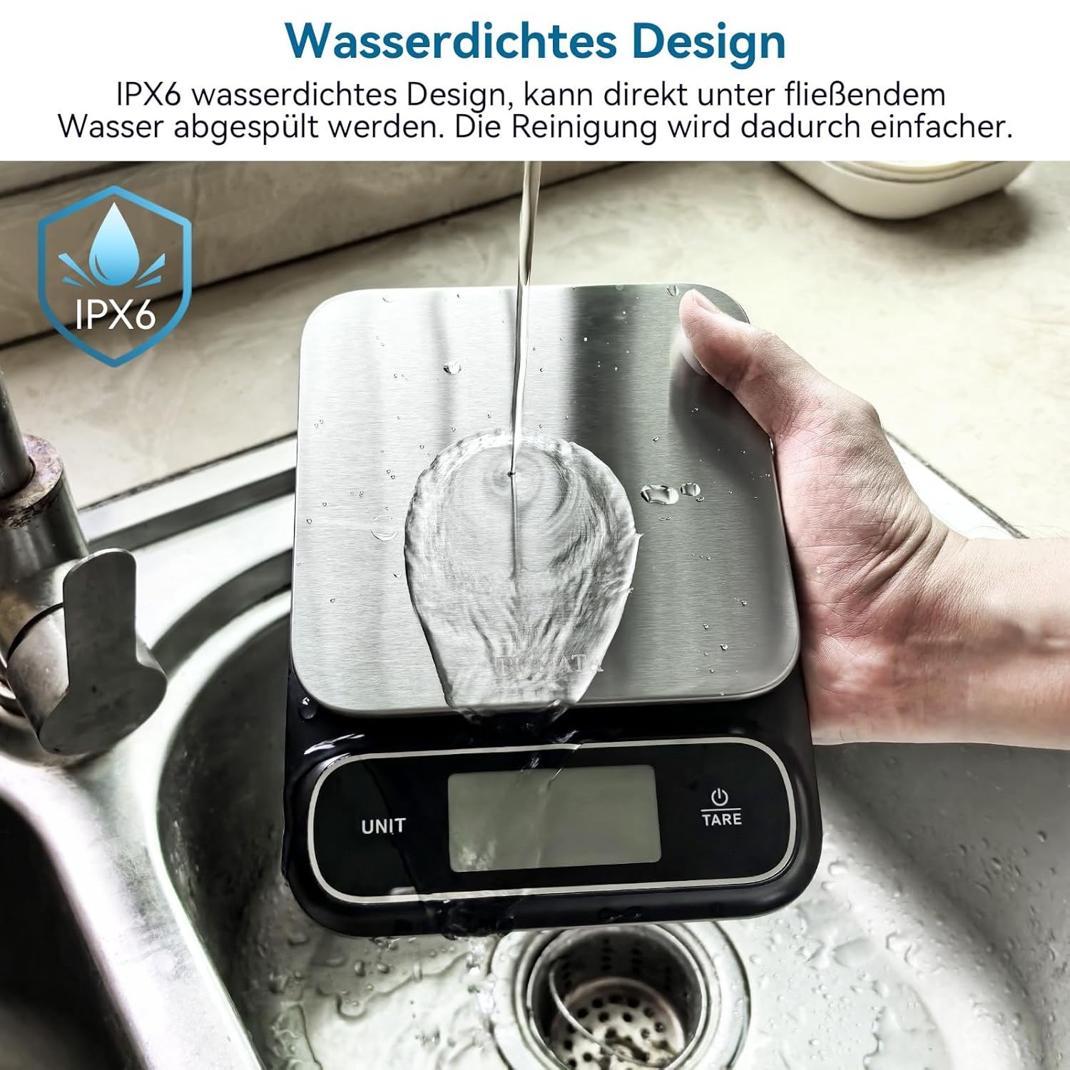 BOMATA Wasserdichte IPX6-Küchenwaage, 0,1 g hohe Präzision, 5 kg, digitale Waage mit Hintergrundbeleuchtung, Wiegeplattform aus Edelstahl, geeignet für Lebensmittel, Kochen, Backen usw. B619 Schwarz – Bild 3