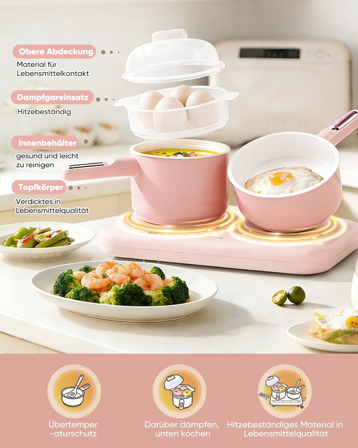 Elektrischer Hot Pot Mini-Multikocher mit Doppelkochfeld – elektrischer Kochtopf mit Dampfgarer und Suppentopf, für Eintopf und Suppen, kompakt, leicht zu reinigen (Rosa) – Bild 3