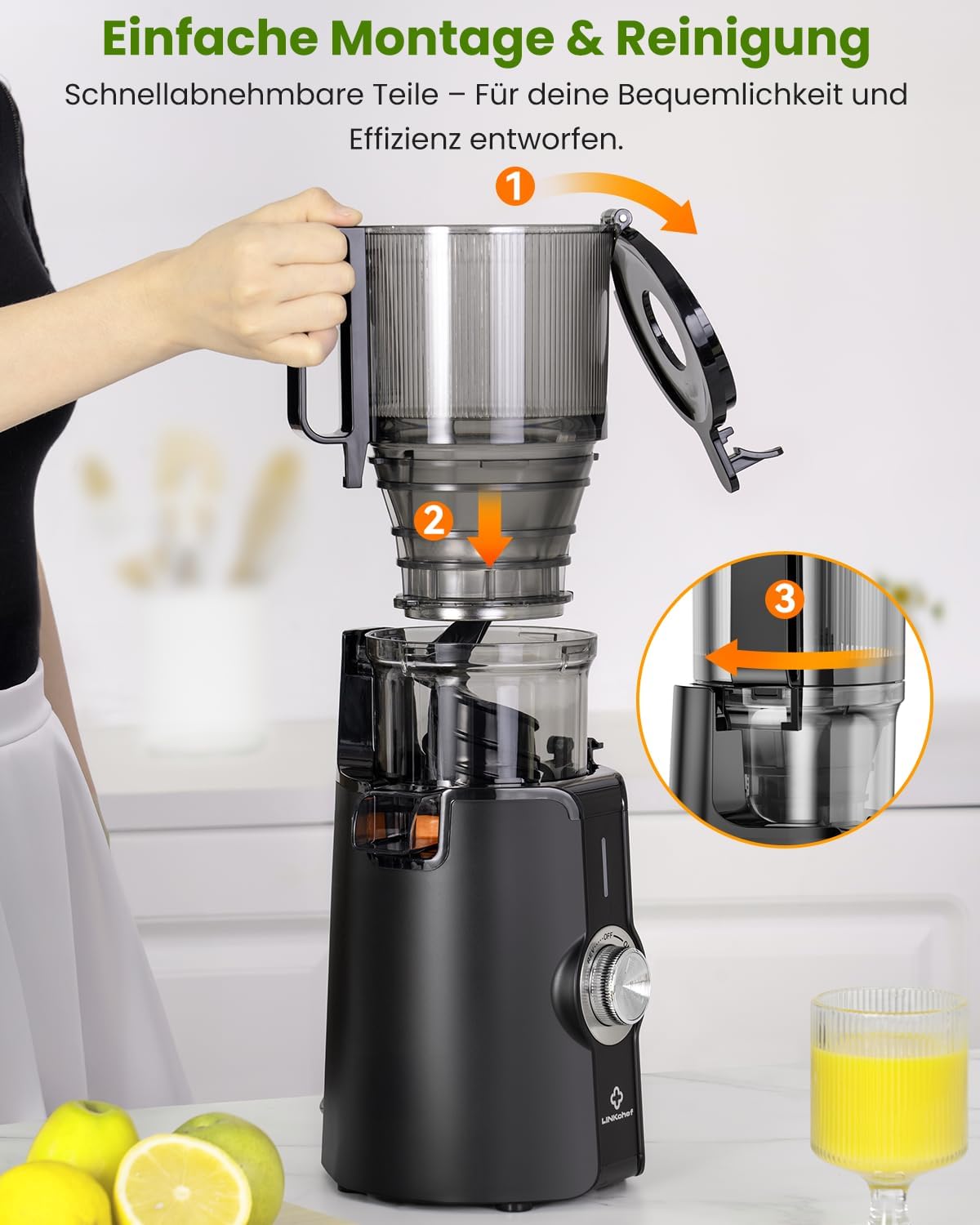 LINKChef Slow Juicer, Entsafter Gemüse und Obst, Testsieger mit 115 mm großem Entsafter, Kaltentsafter für ganze Früchte/Gemüse, Blitzreiniger, einfache Installation, BPA-frei, 200 W, Schwarz – Bild 7