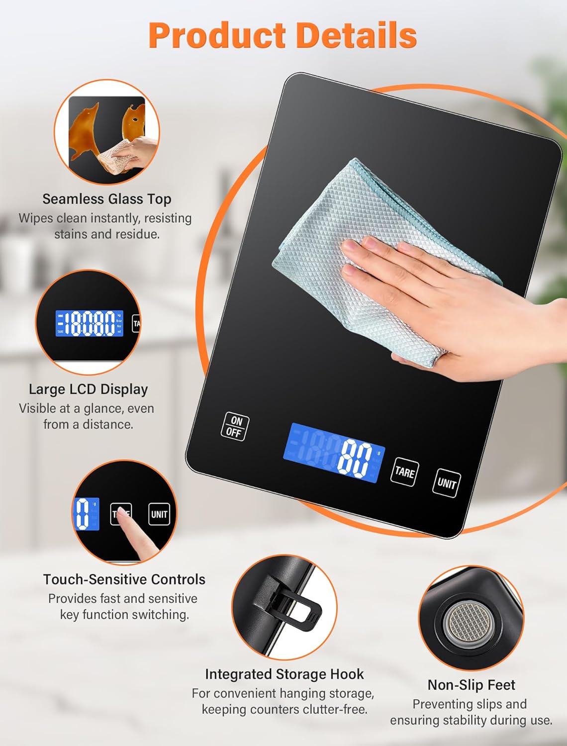 15 kg Küchenwaage, wiederaufladbare digitale Küchenwaage, Lebensmittelwaage aus Glas mit LCD-Display, Tara-Funktion, 5 Einheiten, Batterien im Lieferumfang enthalten – Bild 6