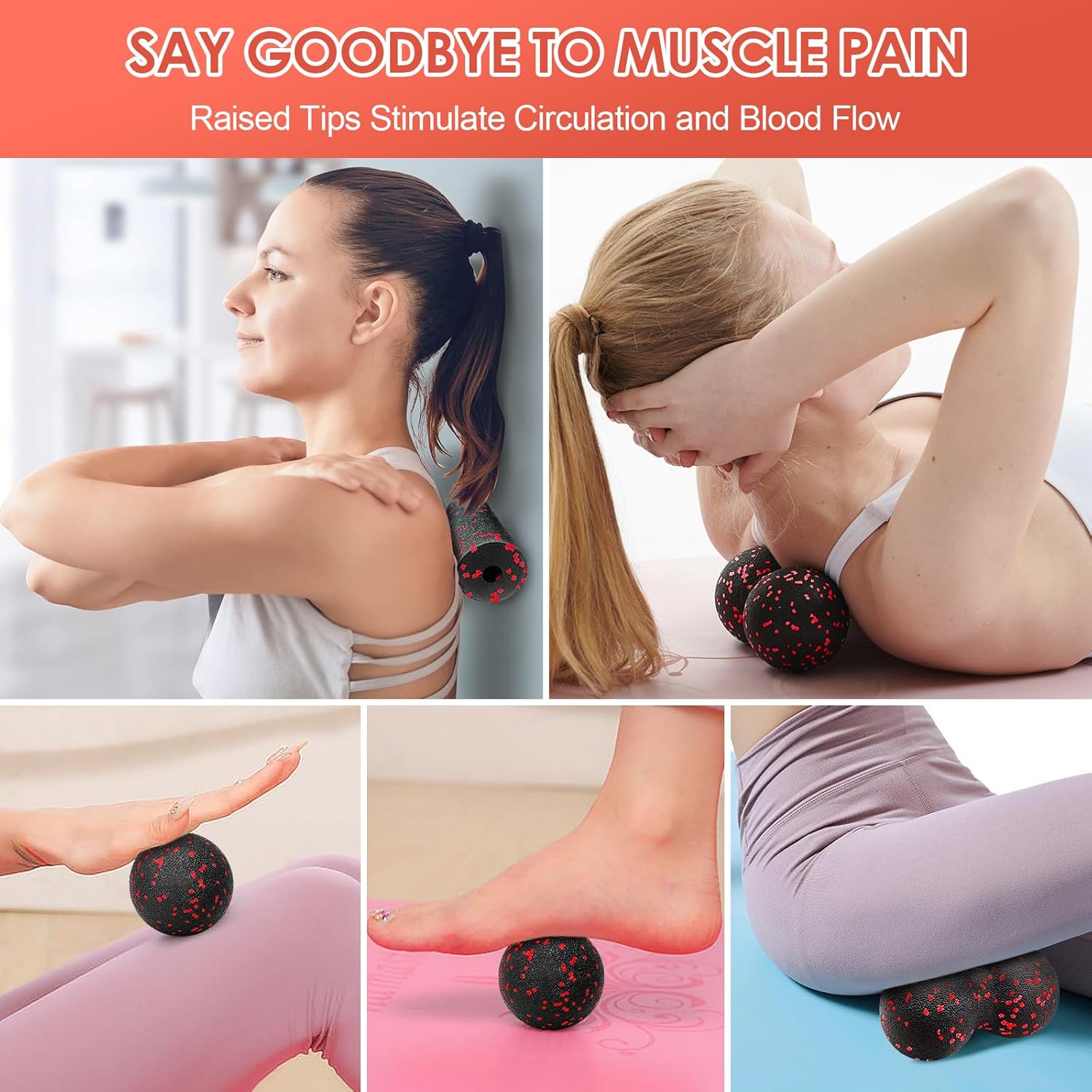 Faszienball und kleine Faszienrolle, Massageball-Set, Stress abbauen und verspannte Muskeln entspannen, Duoball für Wirbelsäule, Fuß, Nacken und Rücken (rot) – Bild 6