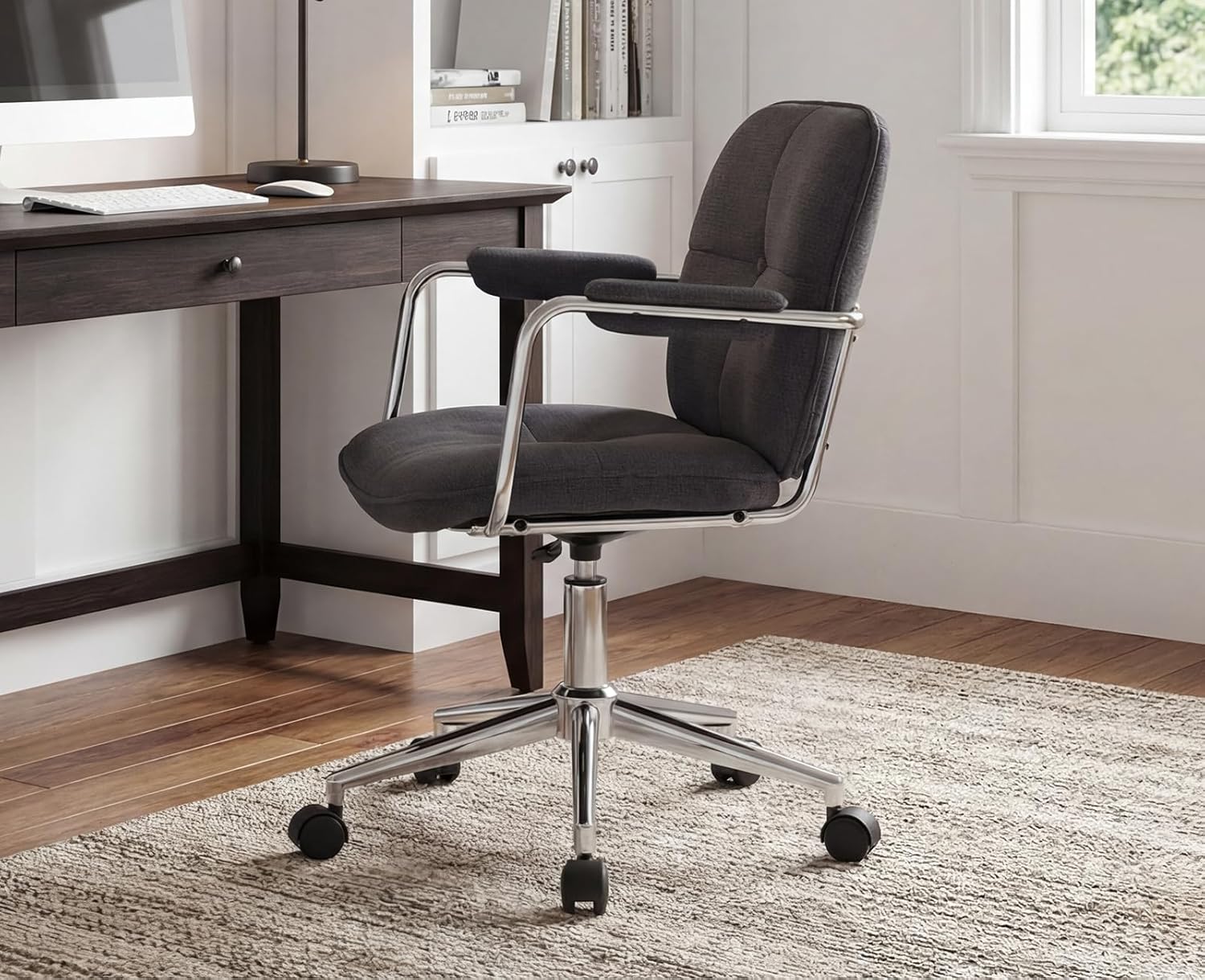 Ya-Home Schreibtischstuhl, Bürostuhl, ergonomisch mit Armlehne, 360° drehbarer Heimbürostuhl, höhenverstellbar, Computerstuhl mit Rollen für Arbeitszimmer, Schlafzimmer, Chenille-Stoff, Grau – Bild 6