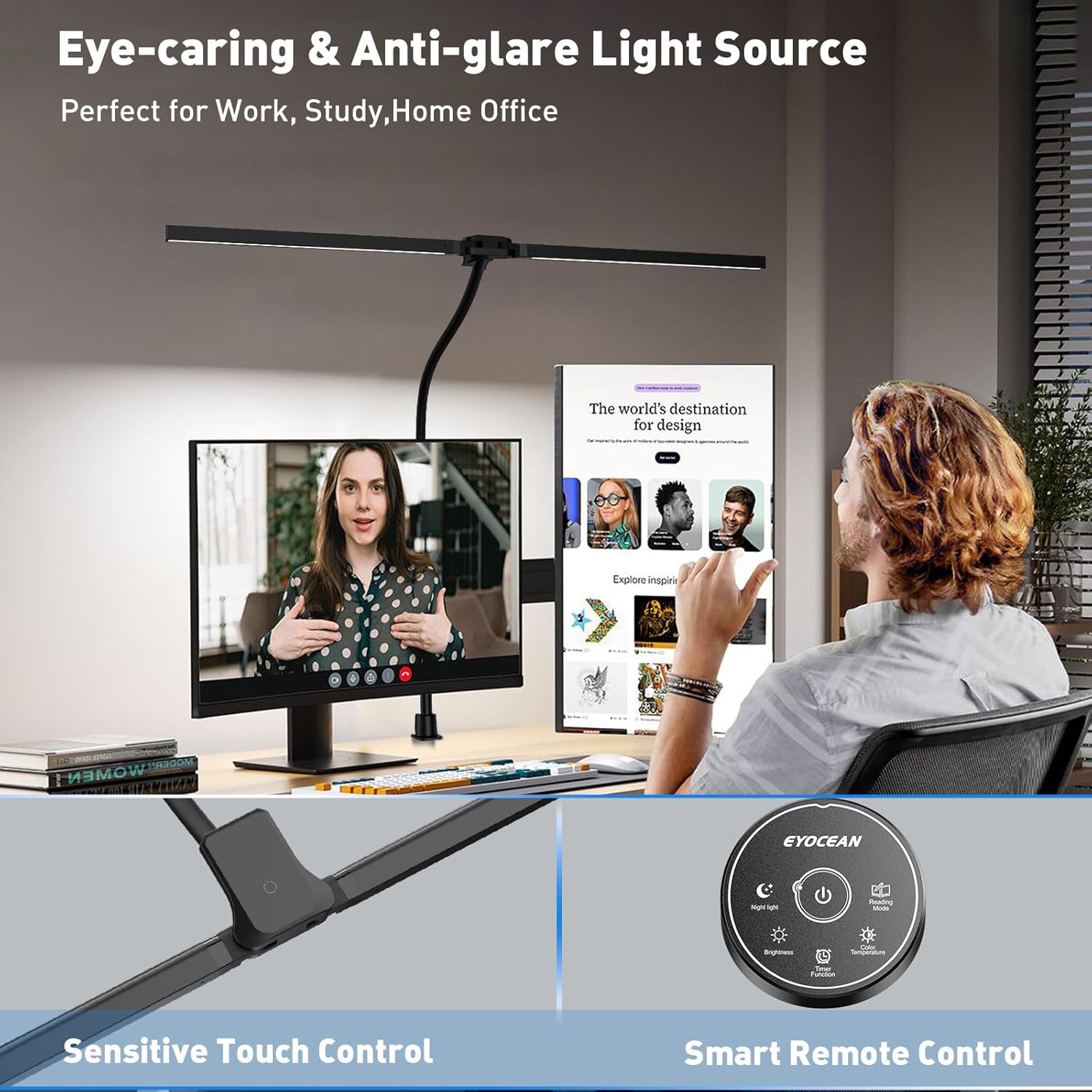 EYOCEAN Schreibtischlampe, Doppelkopf-Schreibtischlampe, klemmbar, 24 W 80 cm, Tageslichtlampe Schreibtisch mit Fernbedienung, dimmbare Monitorlampe, Büro-Tischlampe, Augenschutz-Bildschirmlampe – Bild 3