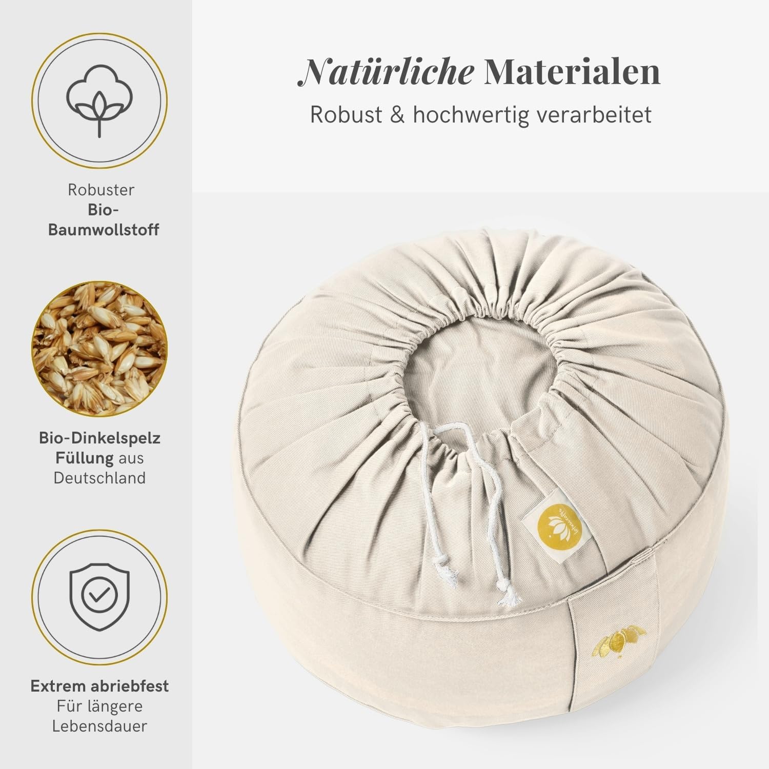 Lotuscrafts Meditationskissen mit 15 cm Sitzhöhe, bestickt, Yogakissen mit 100% Bio-Dinkelspelzfüllung, Yogakissen rund mit robustem Bezug, waschbar, GOTS-zertifiziertes Bodenkissen, rund – Bild 3