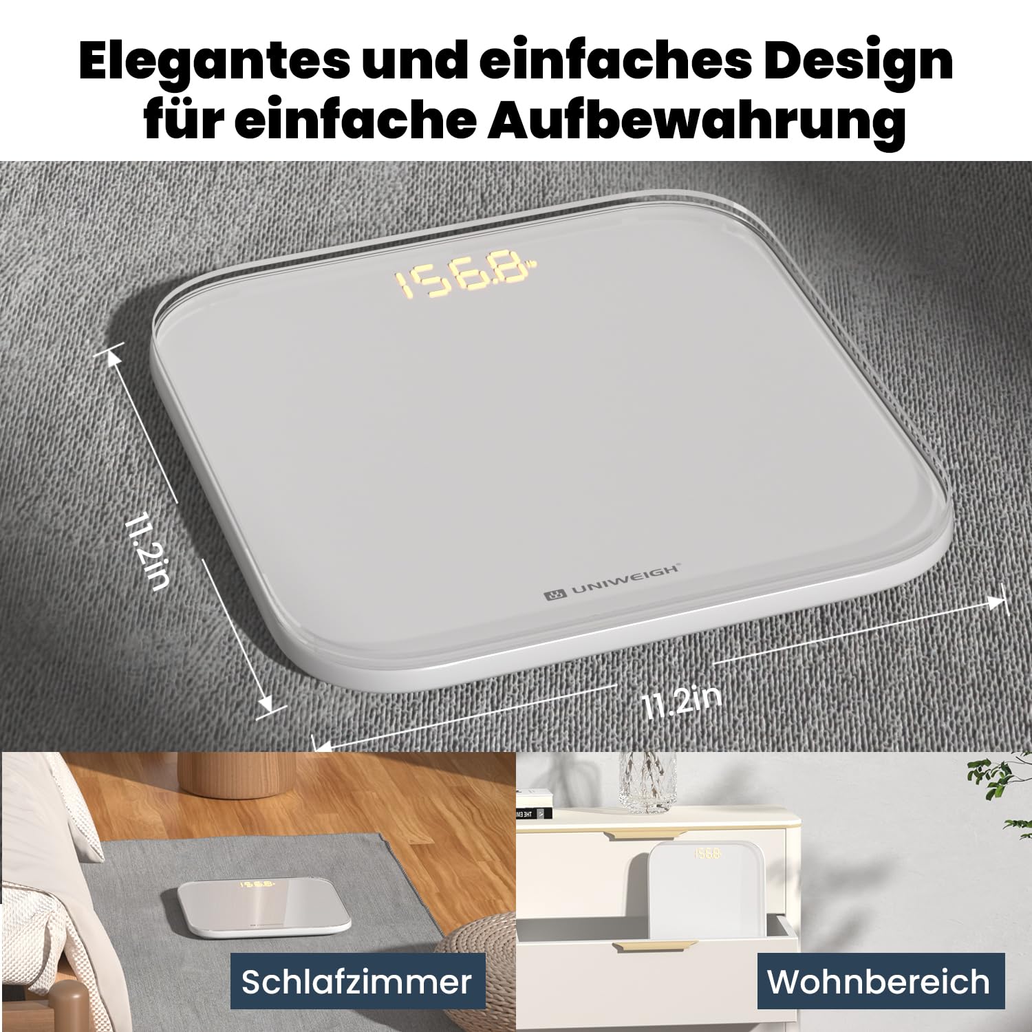 UNIWEIGH Digitale Personenwaage für das Körpergewicht, hochpräzise Gewichtswaage bis 400 lbs/180 kg, Körperwaage mit stabilem gehärtetem Glas, LED-Display, Step-on, 3 Einheiten und Batterien im Lieferumfang enthalten, Weiß – Bild 6