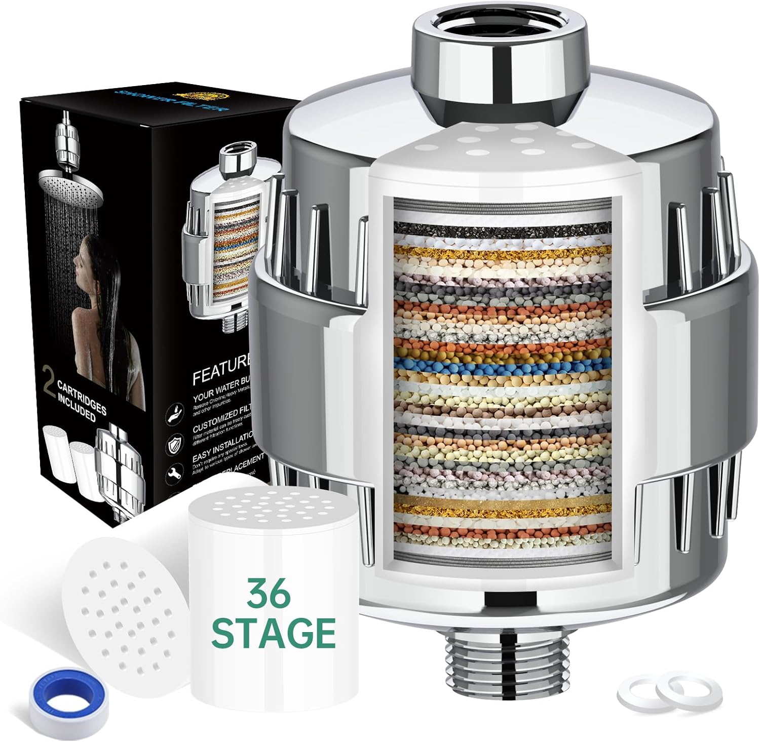 36-Stufen-Duschfilter mit Vitamin CE für hartes Wasser, Duschkopffilter, Kalkfilter-Dusche mit 2 Filterkartuschen zur Entfernung von Chlor und Schwermetallen, verbessert die Gesundheit von Haut und Haaren