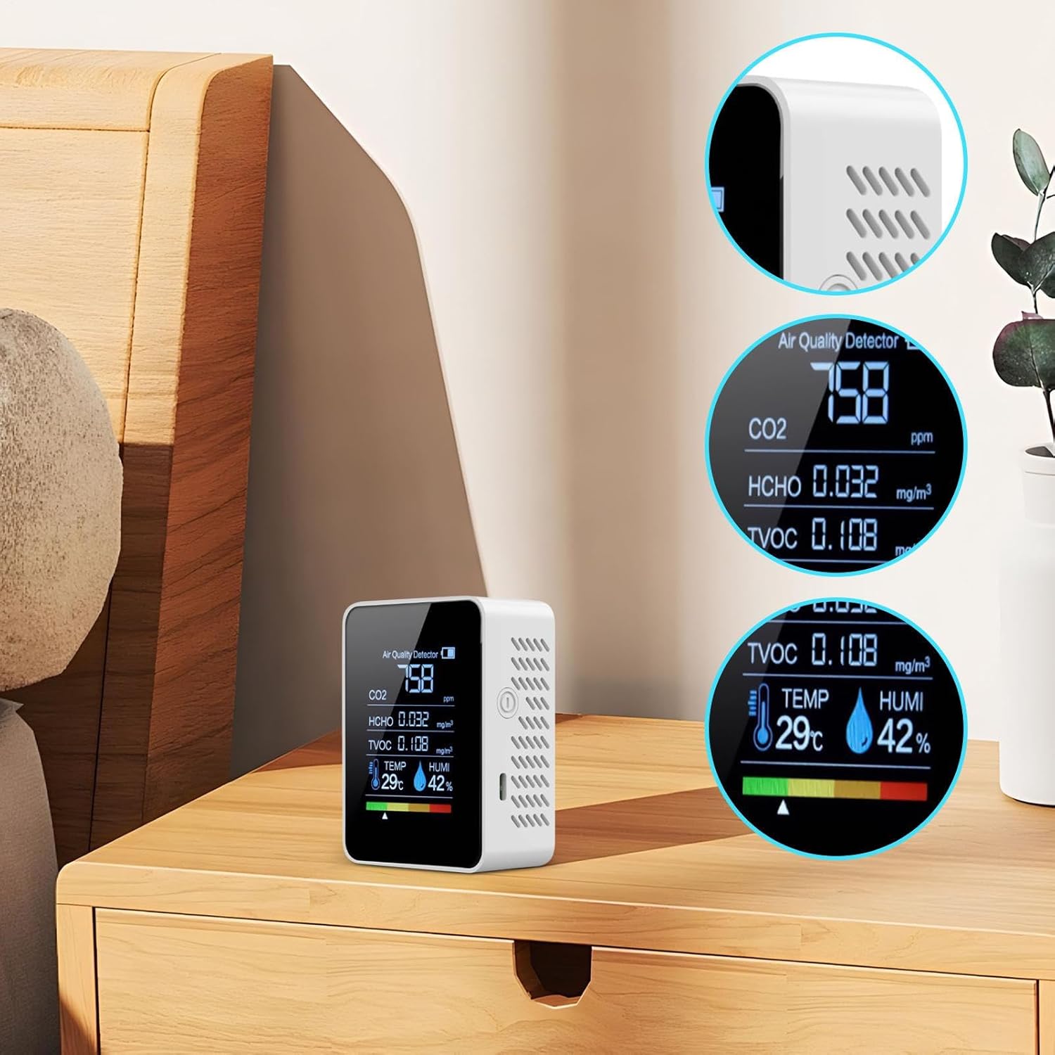 Luftqualitätsdetektor, tragbar, 9 x 4 x 7 cm, Monitor mit Echtzeitanzeige für HCHO-TVOC-Temperatur, Luftfeuchtigkeit, Luftqualitätsmonitor für Zuhause, Schlafzimmer, Büro, Sicherheitstests – Bild 2