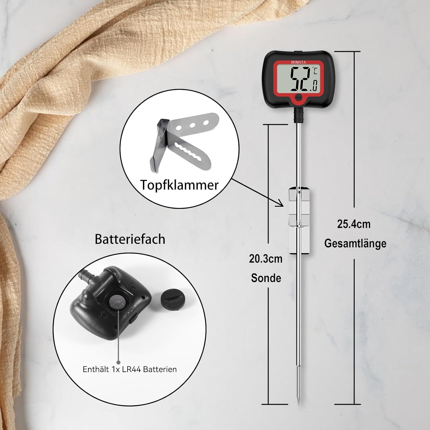 BOMATA 20 cm langes Sondenthermometer mit Topfklammer, drehbarem Display und hochpräziser Sofortablesung, geeignet für Kerzen, Flüssigkeiten, Kochen, Grillen usw. Schwarz – Bild 5