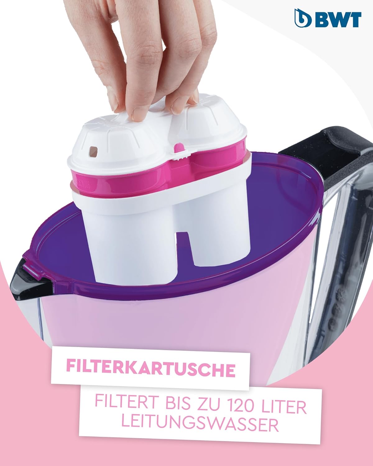 BWT Aqualizer Home Wasserfilter Aubergine inkl. 1 Magnesium-Filterkartusche, Wasserfilter Trinkwasser für Lebensmittel & Getränke, filtert Kalk, Chlor, Blei & Kupfer – Bild 2