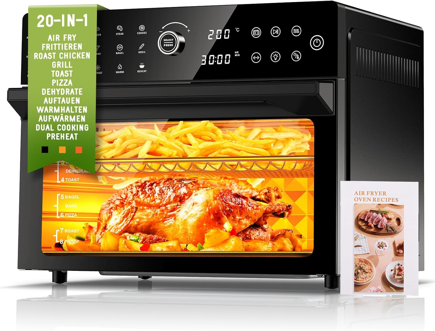 30L Heißluftfritteuse XXL Minibackofen mit LED-Touchscreen, Minibackofen mit Konvektionsluft mit 20 Programmen und zwei Garmodi, 1800W Heißluftfritteuse Heißluftfritteuse ohne Öl, 8 Stunden Timer, Rezeptbuch, 7 Anhänge