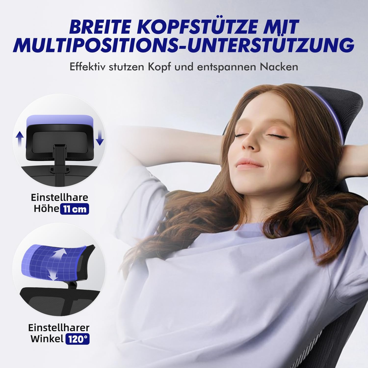 Daccormax Bürostuhl, Ergonomischer Schreibtischstuhl mit verstellbaren Armlehnen, weiche Lordosenstütze aus Naturschwamm und Kopfstütze, Chefsessel, Drehstuhl, Wippfunktion, 200 kg, Schwarz – Bild 5