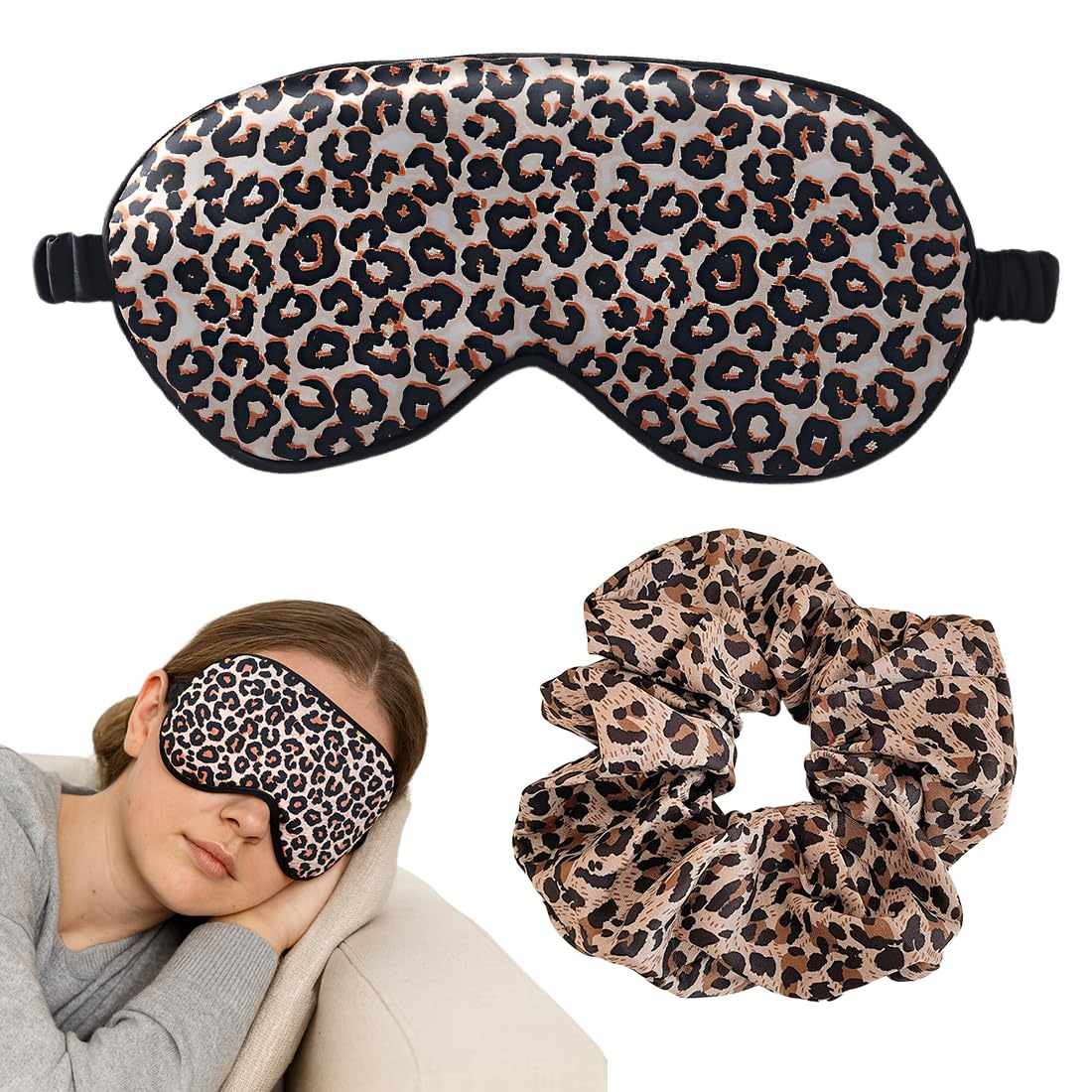 Schlafmaske aus Maulbeerseide, Schlafmaske aus Leopardenseide für Frauen, mit Satin-Haarband, Schlafmaske aus weicher Seide, Augenmaske, Schlafmaske, lichtblockierende Schlafmaske für Pausenreisen, blockiert Licht
