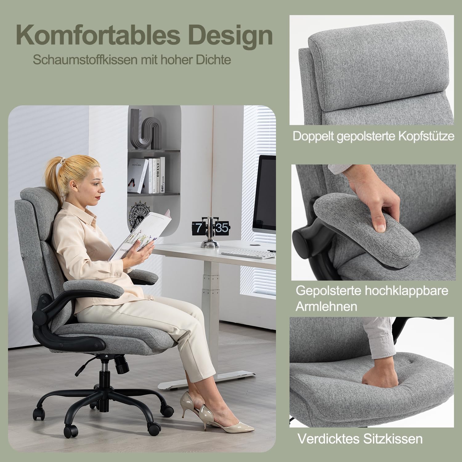 CASTLOVE Ergonomischer Bürostuhl, Schreibtischstuhl mit Rückenlehne, hochklappbare Armlehne, hohe Rückenlehne, höhenverstellbar, Wippfunktion (Bürostuhl, Stoff, grau, max. 150 kg) – Bild 4