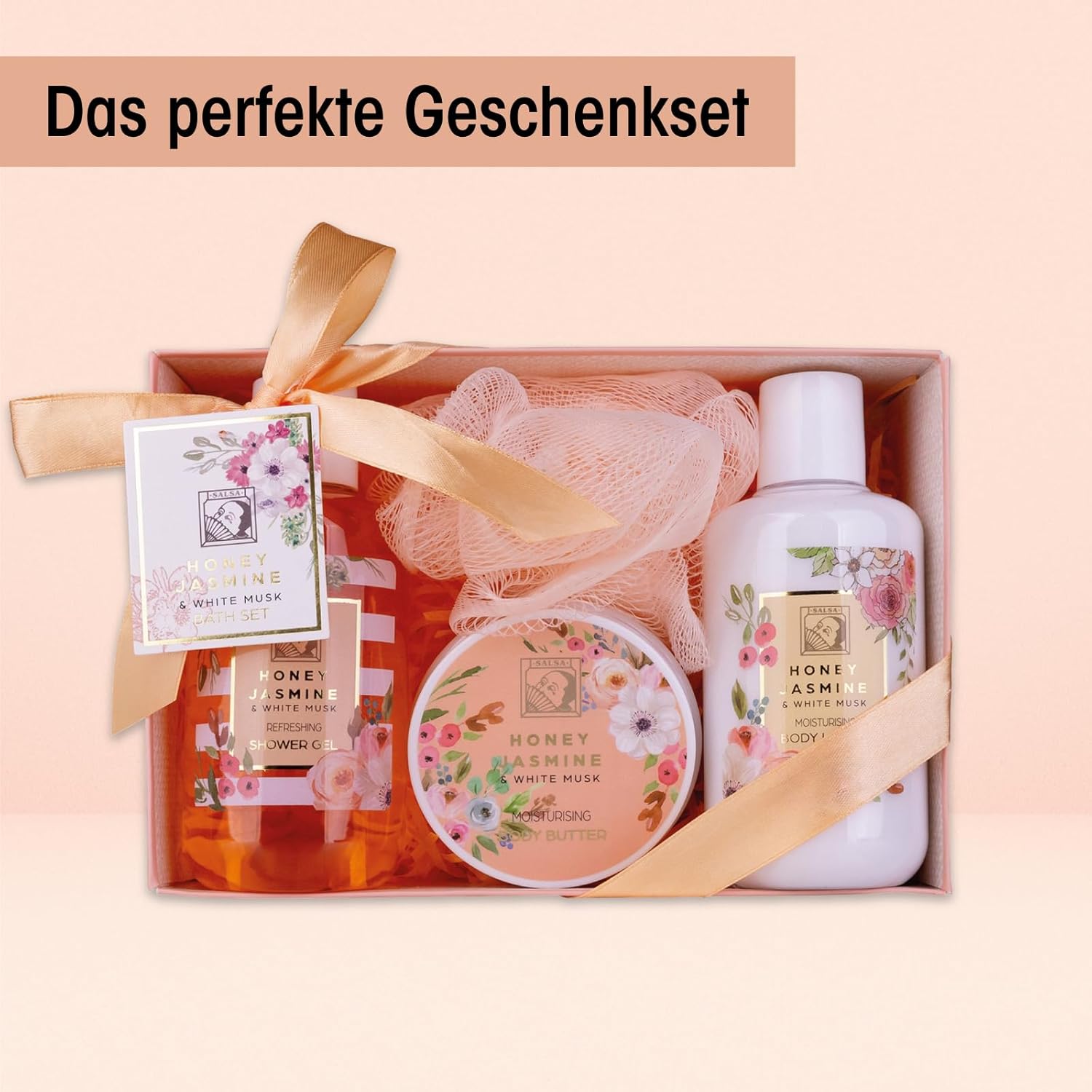 Accentra Honey Jasmine Damen-Duschset in schöner Geschenkbox, 4-teiliges Pflegeset mit Duschgel, Bodylotion, Körperbutter und Mesh-Schwamm, Geschenkset für Geburtstag und Valentinstag – Bild 2