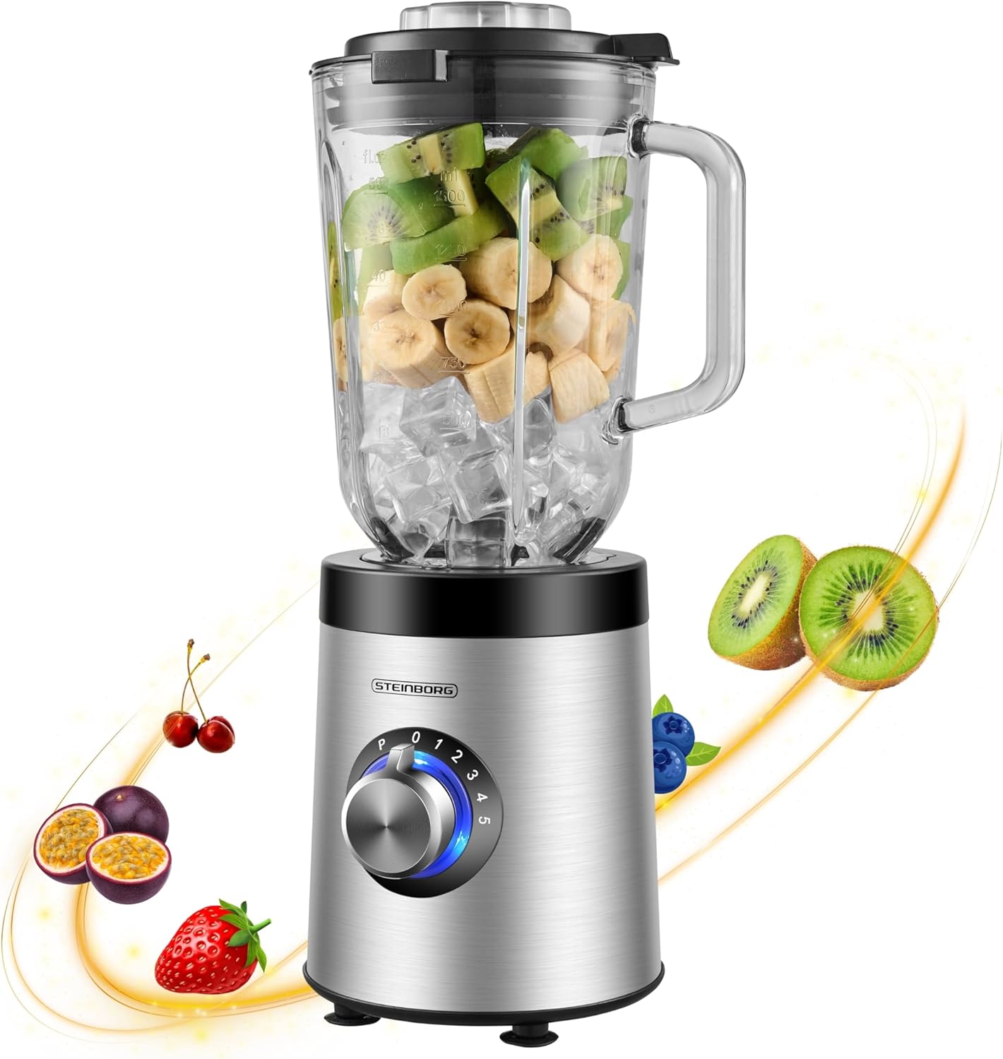 Steinborg Standmixer aus Glas, Edelstahl, 800 Watt, 1,5 Liter Glaskanne, Universal-Powermixer, Smoothie-Maker, Zerkleinerer, Multifunktionsmixer, 6-Wege-Messer, Eiscrusher, 5 Stufen + Pulsfunktion – Bild 9