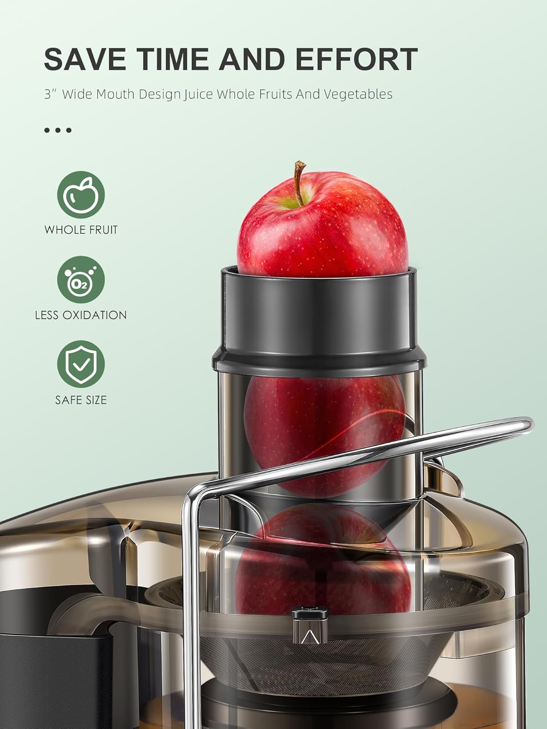 QCen Entsafter, Zentrifugal-Entsafter mit 3-Zoll-Einfüllkanal, leicht zu reinigen, Edelstahl, BPA-frei, ideal für Obst und Gemüse (transparent, 500 W) – Bild 2