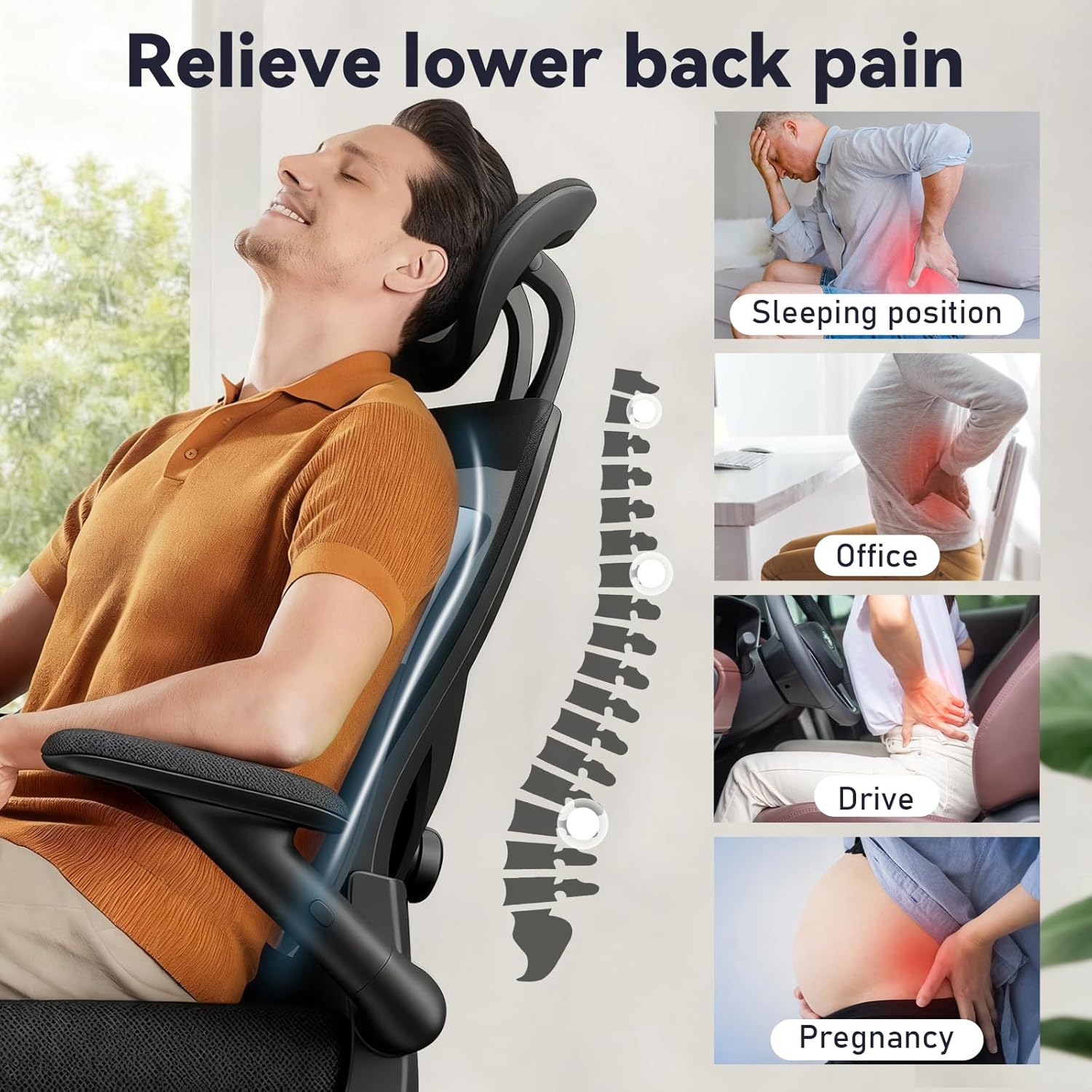 Lendenkissen zur Linderung von Schmerzen im unteren Rücken, atmungsaktives Lendenkissen aus ergonomischem Memory-Schaum-Kissen, Lendenwirbelstütze für Auto und Bürostuhl mit verstellbaren Doppelgurten – Bild 5