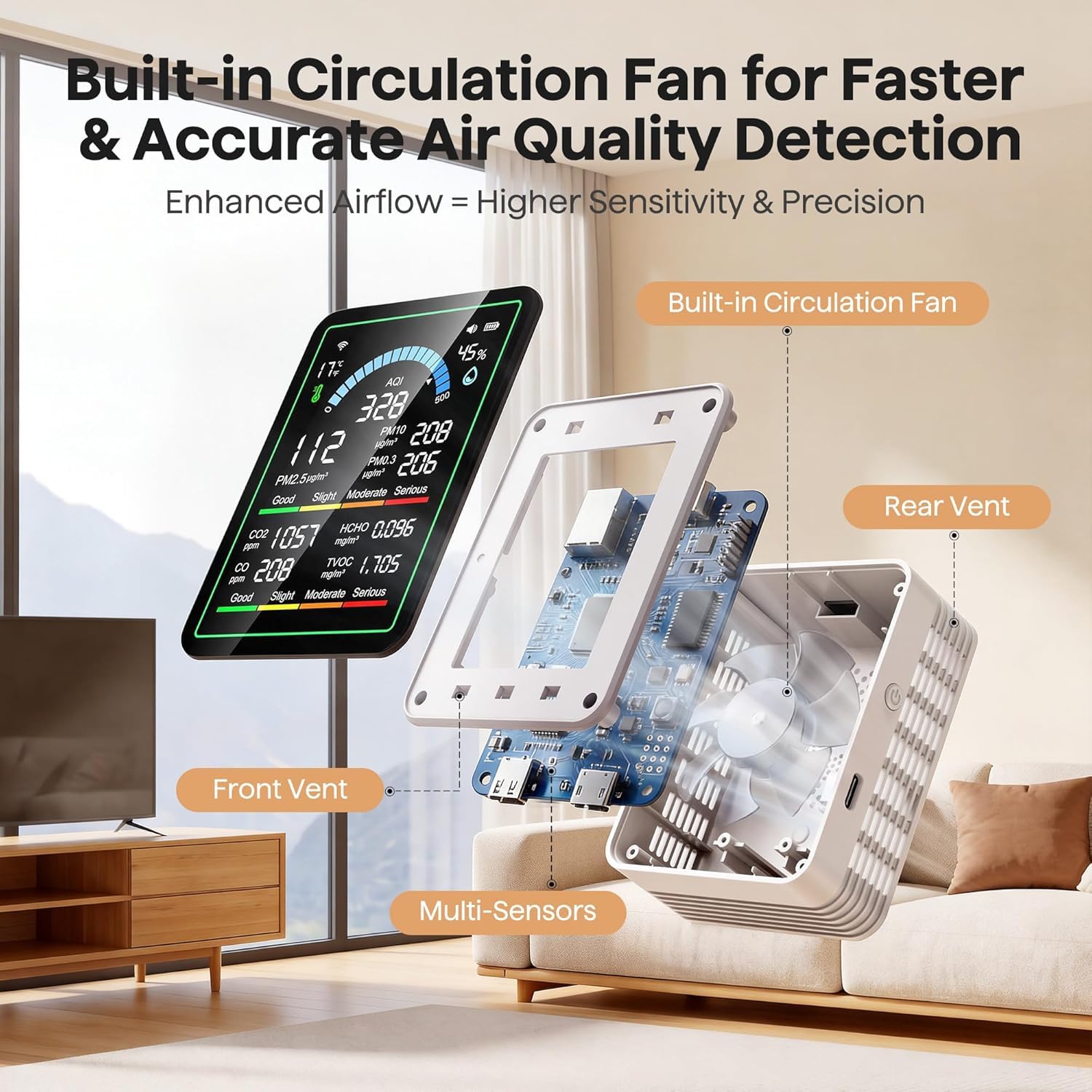 Luftqualitätsmonitor für den Innenbereich, 10-in-1 tragbarer Smartair-Qualitätstester für CO2 | CO | TVOC | HCHO | Temperatur | AQI | PM0.3-1 Brummerkennung für Zuhause, Autos, Pflanzen, Haustiere, Auto, Hotel (weiß) – Bild 3
