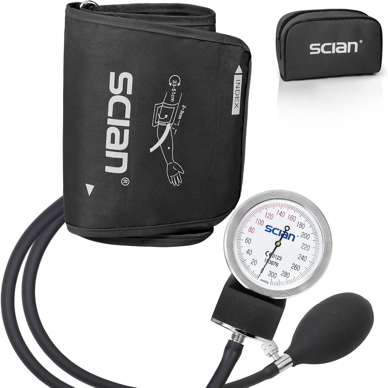 SCIAN Manuelles Blutdruckmessgerät mit großer Blutdruckmanschette (33–51 cm) und D-Ring, inklusive Tragetasche für Krankenschwestern, Ärzte, Senioren, Erwachsene, Schwarz, Größe L