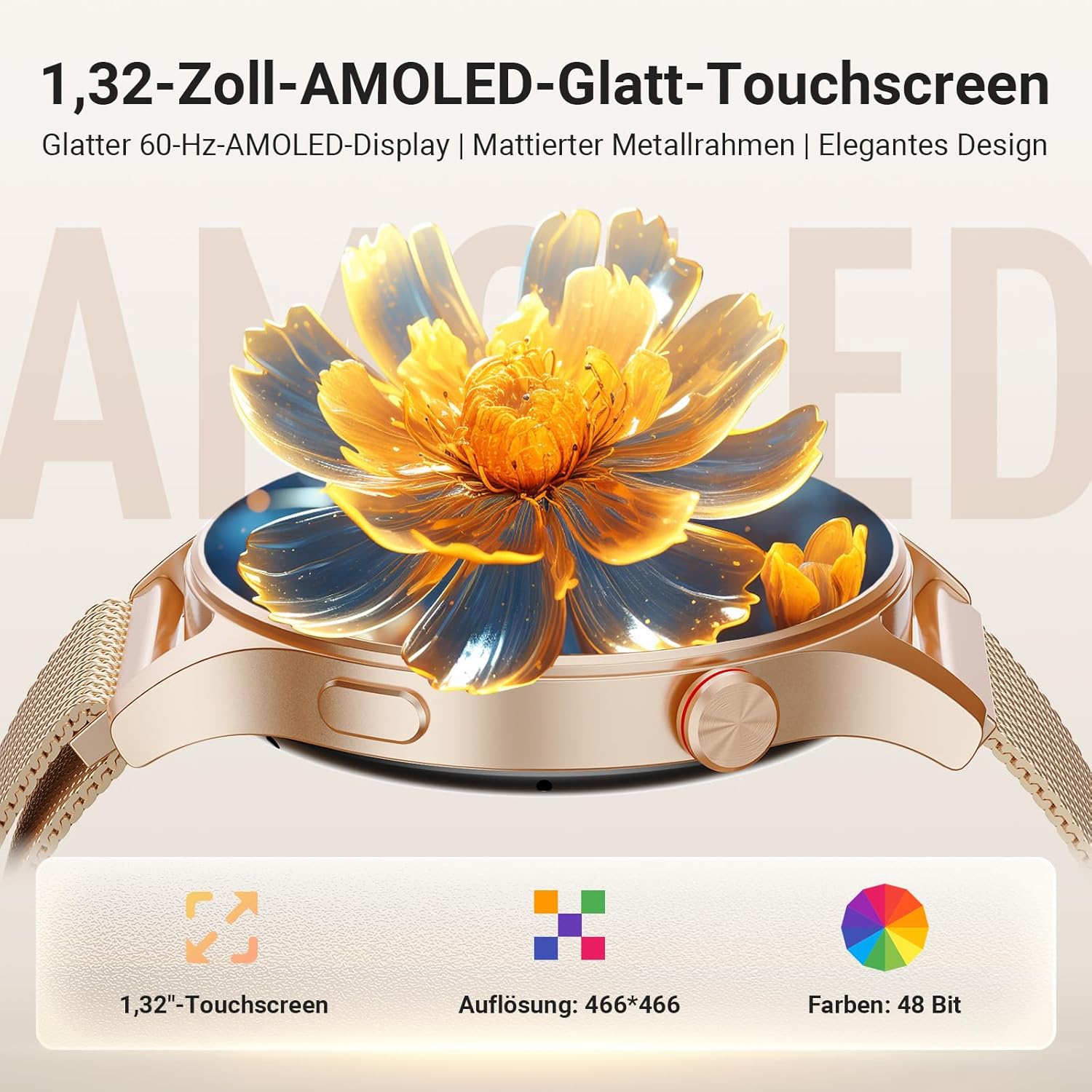 Smartwatch Damen Herren rund mit Telefonfunktion 1,32 Zoll AMOLED Display, Fitnessuhr mit 110+ Sportmodi & 3ATM, Uhren Damen Herren für iOS/Android Schrittzähler mit Herzfrequenzmesser Schlafmonitor Gold – Bild 2