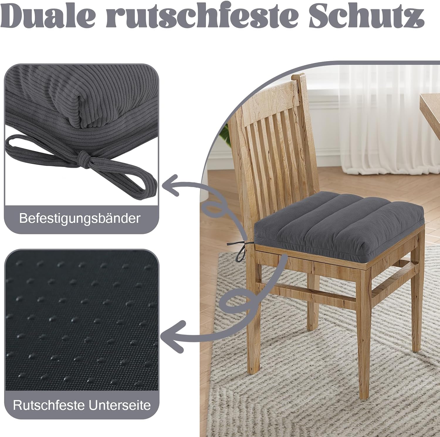 Dickes Sitzkissen-Set mit 2 Kordeln – Stuhlkissen mit rutschfester Unterseite und Bändern, Stuhlkissen für Esszimmerstuhl, Küchenstuhl und Büro, doppellagige Polsterung für Komfort – Bild 3