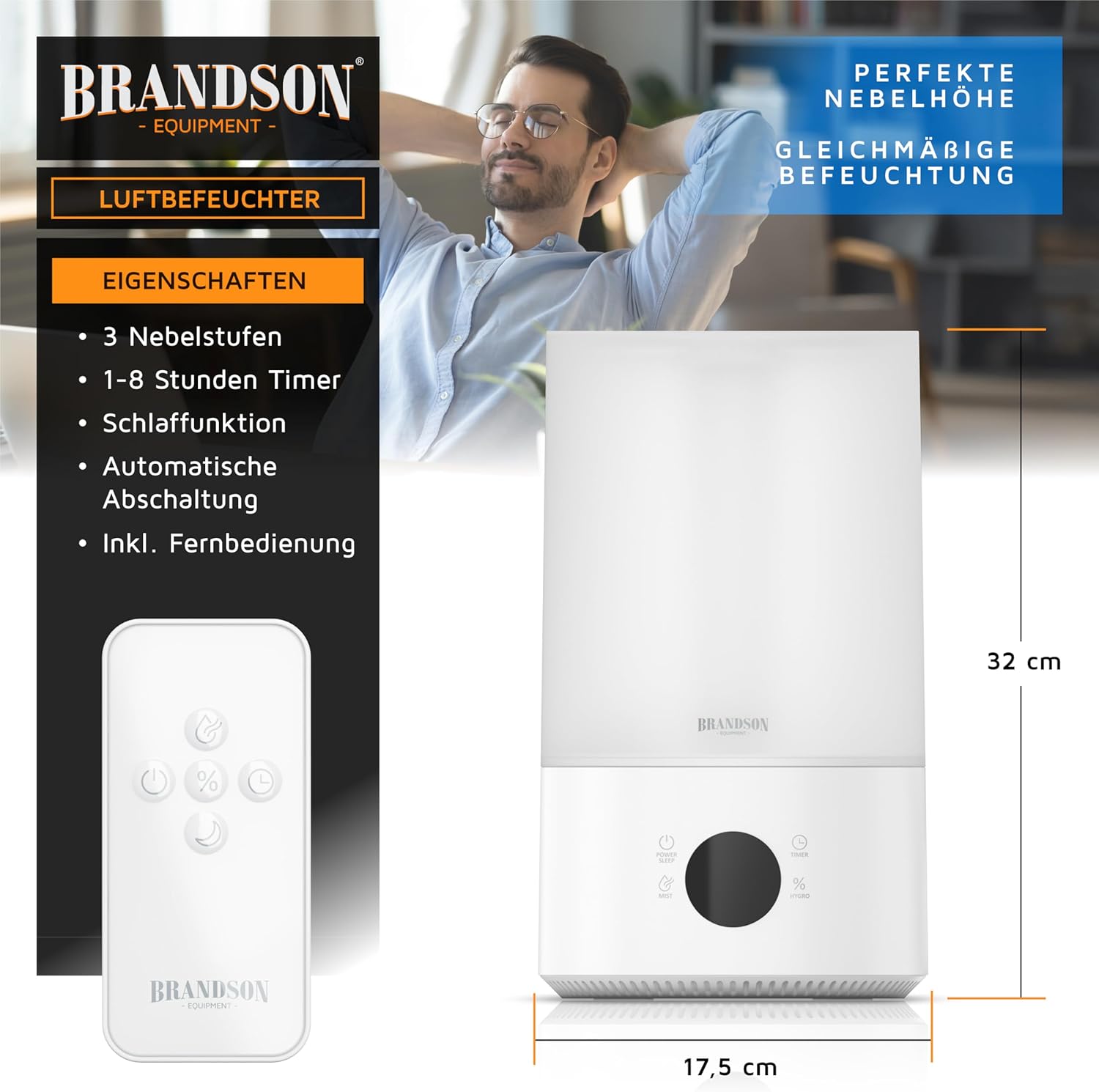 Brandson – Digitaler Luftbefeuchter mit Display – mit Fernbedienung – 4,2 Liter – Timer – 3 Nebelstufen – Schlaffunktion sehr leise – Schlafzimmer, Baby, Kinderzimmer, Büro – Bild 2