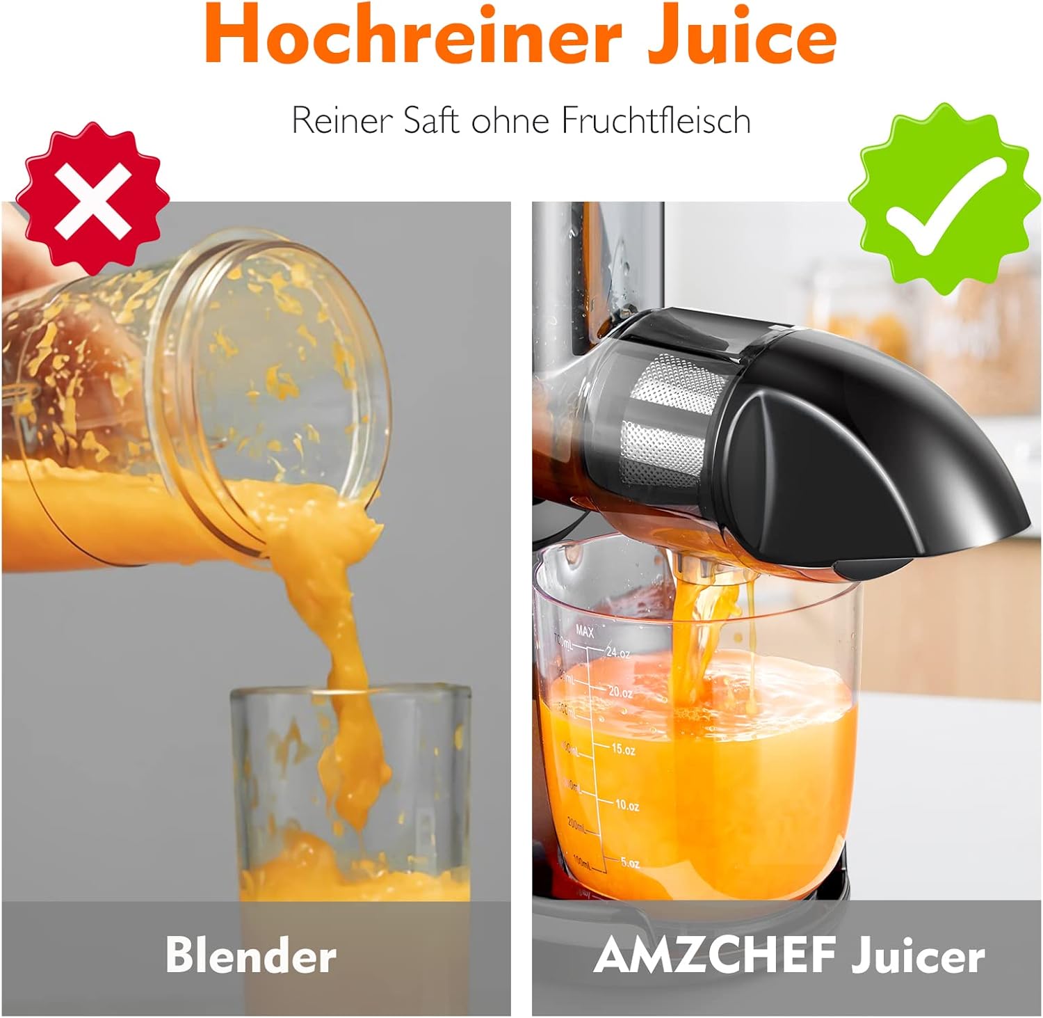 AMZCHEF Slow Juicer Gemüse und Obst, professioneller Entsafter mit leisem Motor & Rückwärtsfunktion & Saftkrug & Reinigungsbürste (150 Watt/Silber) – Bild 6