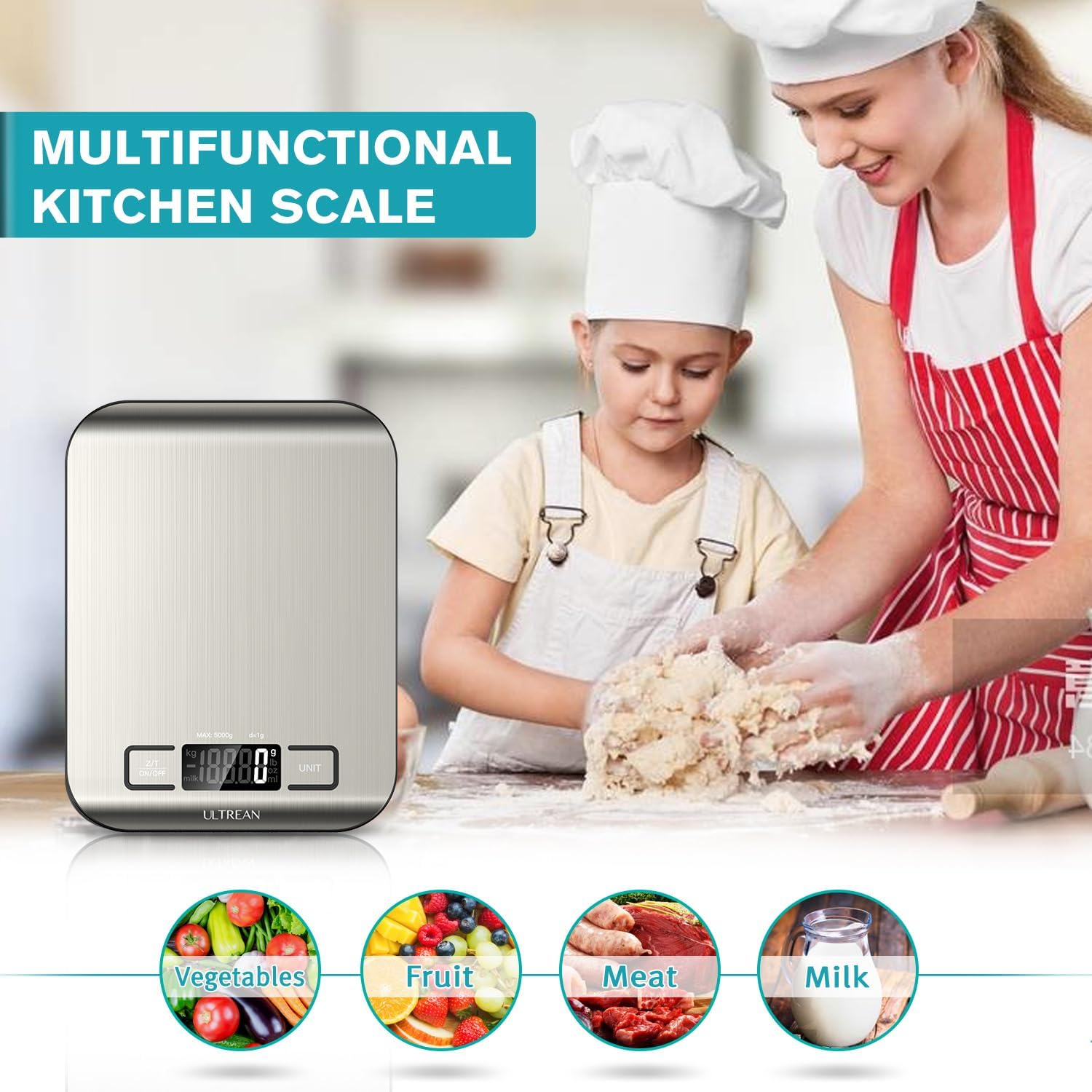 Digitale Küchenwaage von Ultrean, LCD-Display mit Tara-Funktion, präzise Backwaage in Gramm und Unzen, Edelstahl 304, Wiegekapazität bis zu 5 kg (11 lb), ideal zum Backen und Kochen – Bild 4
