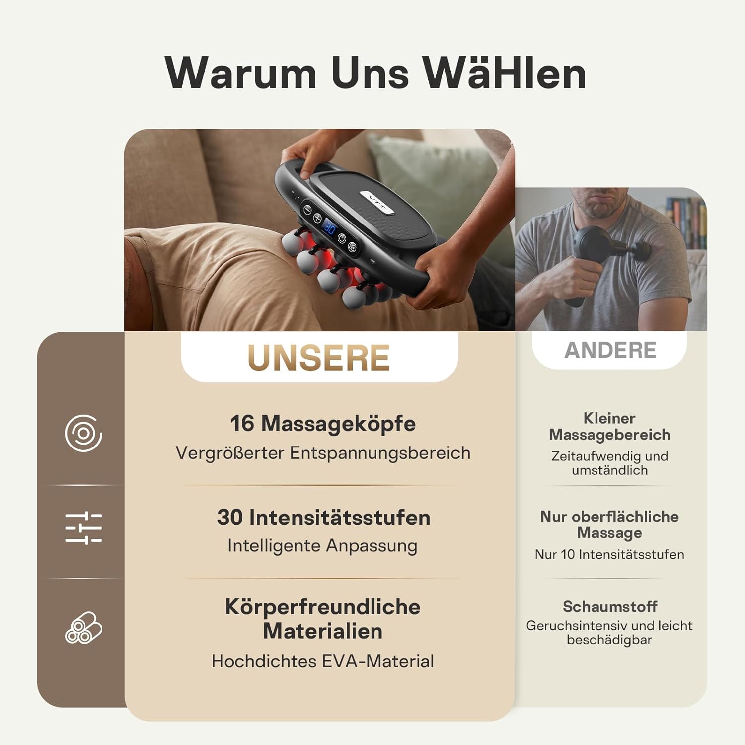 VTT Massagepistole mit 16 Massageköpfen, Tiefengewebe-Massagegerät, leises Handmassagegerät, 3 Modi und 30 einstellbare Geschwindigkeiten, Massagepistole, für Schulter und Rücken zur Muskelentspannung – Bild 6