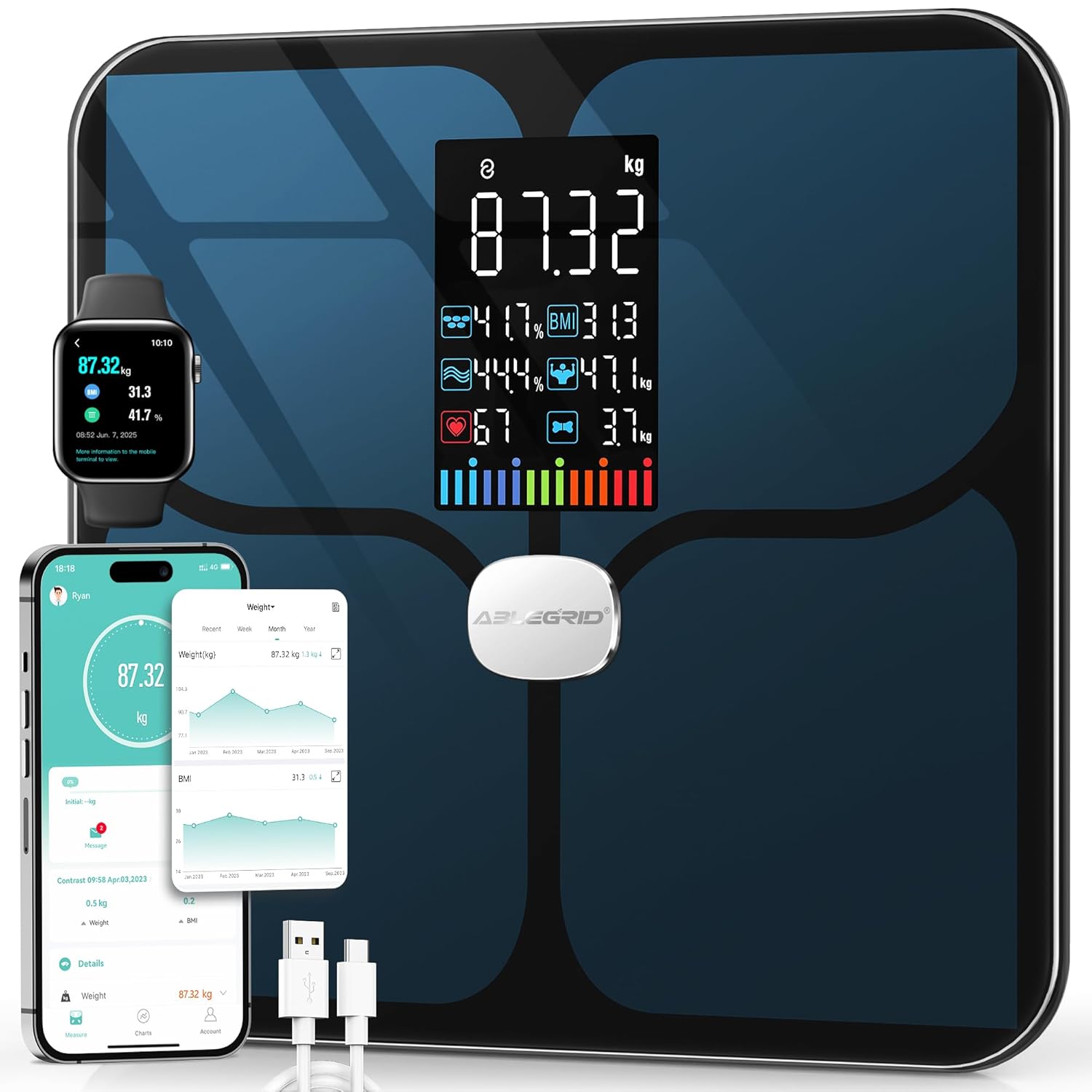 ABLEGRID Wiederaufladbare Körperfettwaage, LED-Digital-Personenwaage mit Körperfett und Muskelmasse, Körperfettanalyse, 16 Messungen der Körperzusammensetzung, BMI, Herzfrequenz, 180 kg, Schwarz