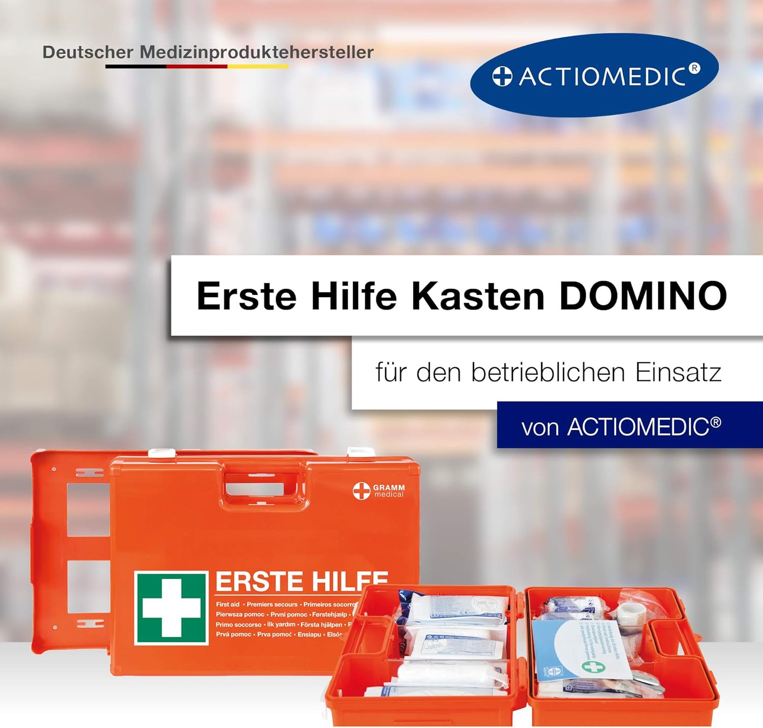 ACTIOMEDIC mobiler und stationärer Erste-Hilfe-Kasten mit Wandhalterung zur Aufbewahrung, DOMINO DIN 13157:2021 I hypoallergene Pflaster, mehrsprachig, Sehhilfen, orange, 28 x 12 x 20 cm – Bild 2