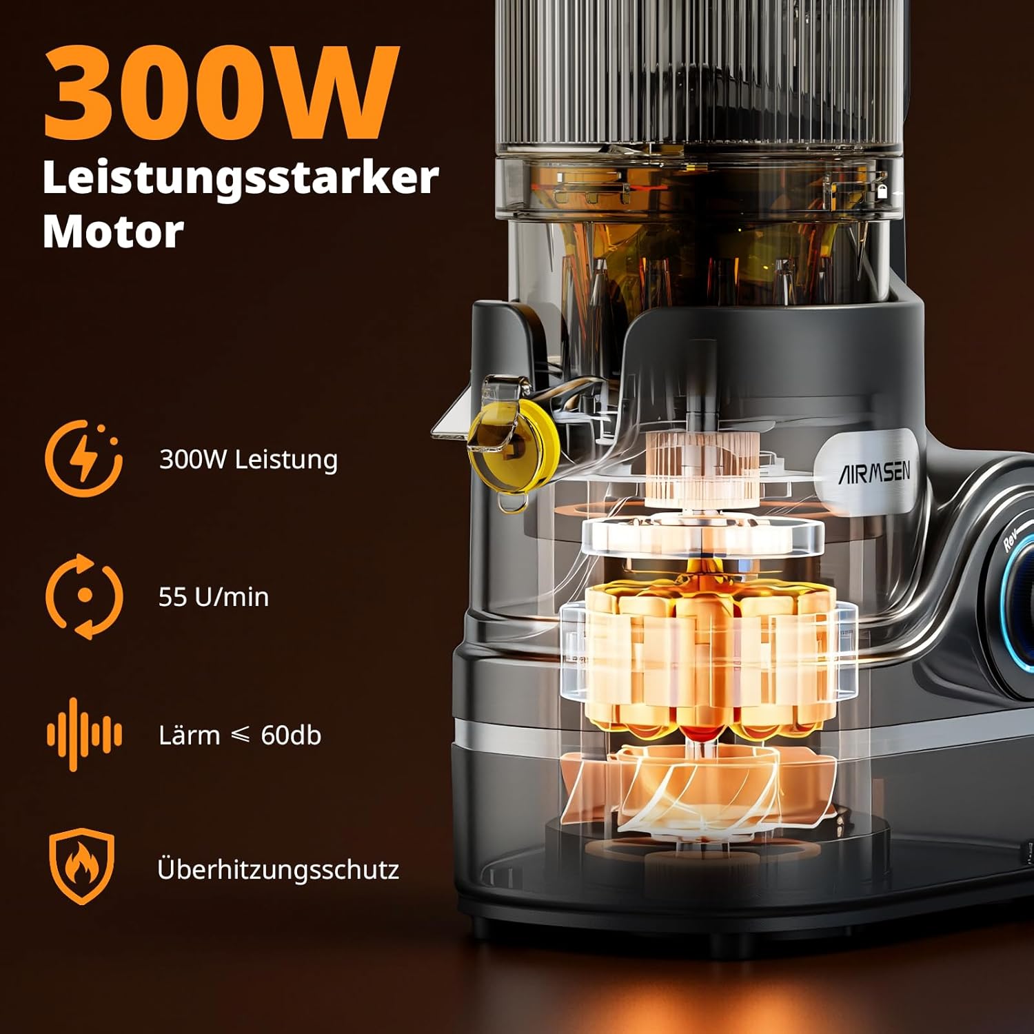 AIRMSEN Entsafter – Slow Juicer mit 147 mm extra großem Einfüllschacht, 2,1 l Fassungsvermögen, 300 W Motor, 7+1 Stufen, verbesserte langsame Spirale, hohe Saftausbeute für ganze Früchte und Gemüse, schwarz – Bild 5