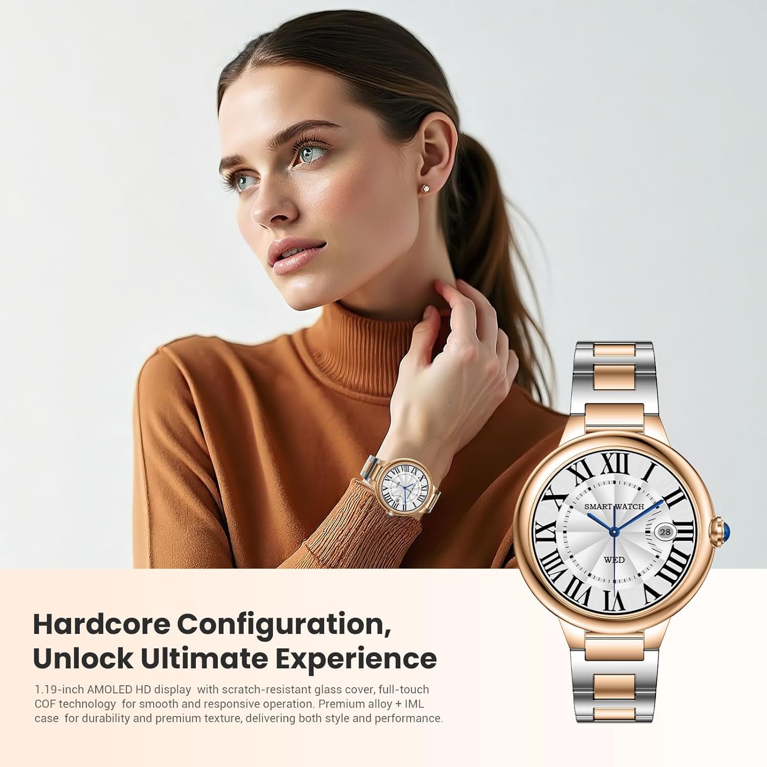 Upgrade Damen Smartwatch mit Telefonfunktion 1,19 Zoll AMOLED Fitness Tracker, 100+ Sportmodi, IP67 Wasserdicht mit Herzfrequenz SpO2 Schlafmonitor Schrittzähler Smartwatch für iOS Android Silber Gold – Bild 2