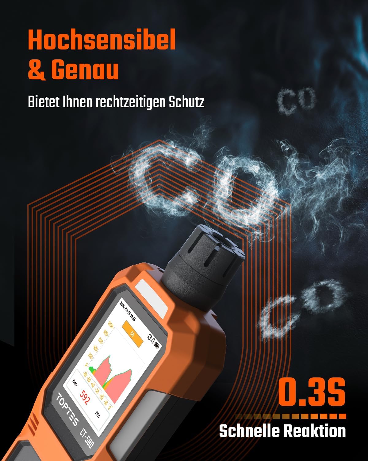 TOPTES CT-580 Kohlenmonoxidmelder, wiederaufladbarer CO-Melder mit Vibration, visuellen und akustischen Alarmen, tragbarer CO-Alarm, 0–1000 ppm, TFT-Farbdisplay für Zuhause, Auto, Camping und Reisen – Bild 2