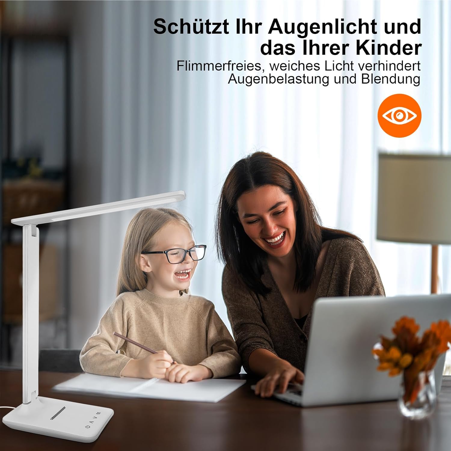 Jumoking Schreibtischlampe LED Dimmbar Augenschutz, Schreibtischlampe mit 5 Farben und 5 Helligkeitsstufen, Tischlampe mit USB-Ladeanschluss, Touch-Steuerung für Kinder, Schlafzimmer, Lesen, Büros (Weiß) – Bild 4
