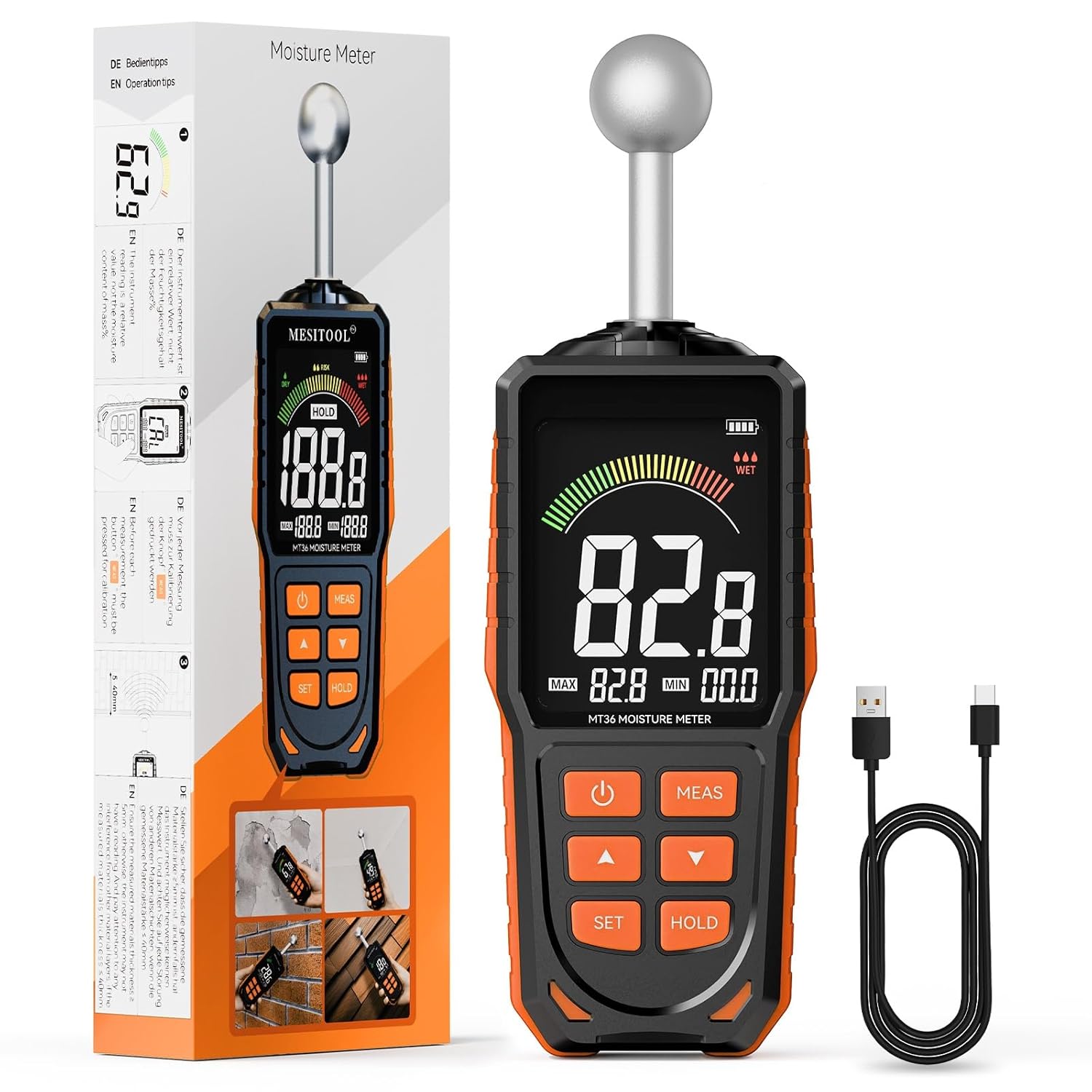 Feuchtigkeitsmesser für Wand und Holz, zerstörungsfreies Feuchtigkeitsmessgerät mit Kugelsensor, 40 mm Tiefenscan, wiederaufladbarer USB-C-LCD-Farbbildschirm-Feuchtigkeitsmesser für Beton, Estrich, Wohnmobil-Inspektion