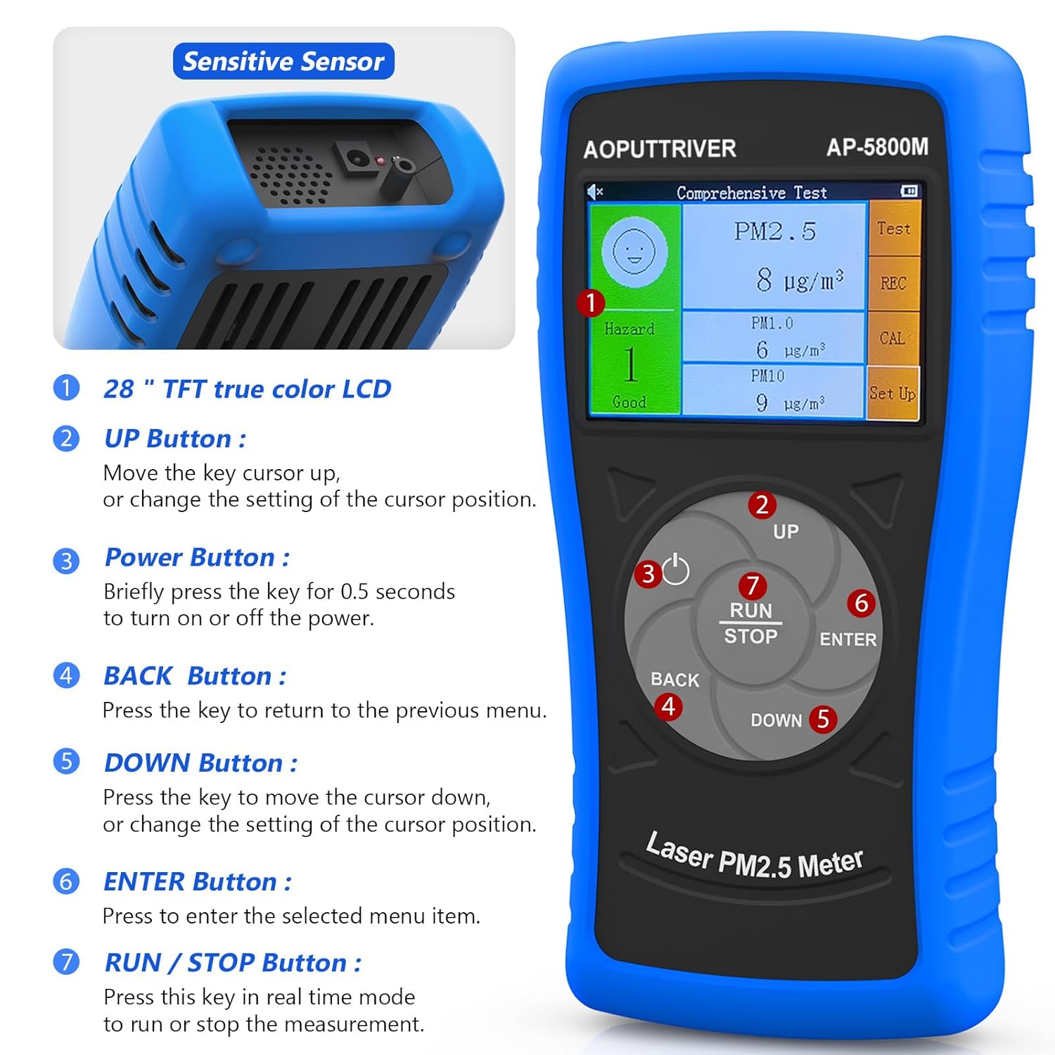 PM2,5-Sensor AP-5800M PM2,5-Luftqualitätsmonitor zum Testen von PM 2,5, PM1,0, PM10, geeignet für Innen-/Außenbereich/Schlafzimmer/Büro – Bild 2