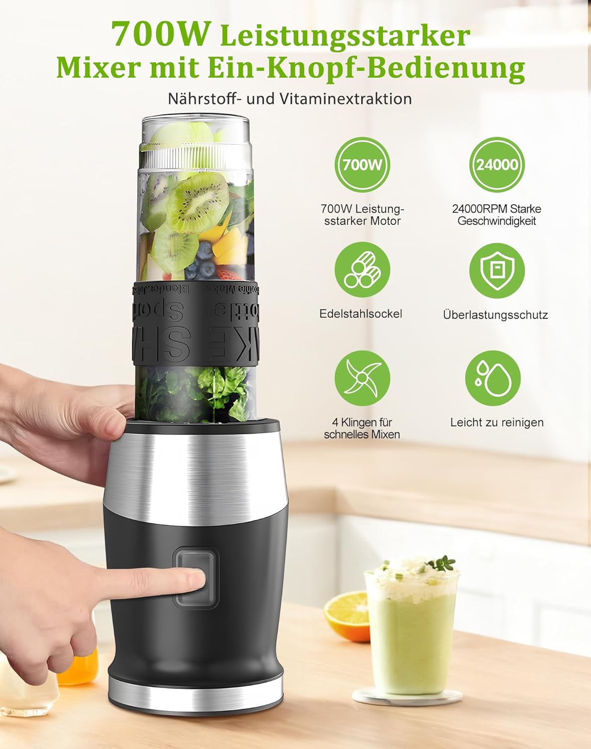Mixer, 700W Smoothie Maker, Standmixer & Mixer Smoothie Maker, Multifunktions-Smoothiemaker/Fleischzerkleinerer/Ice Crusher/Kaffeemühle mit 570ml Sport-Flasche BPA frei Tritan – Bild 2