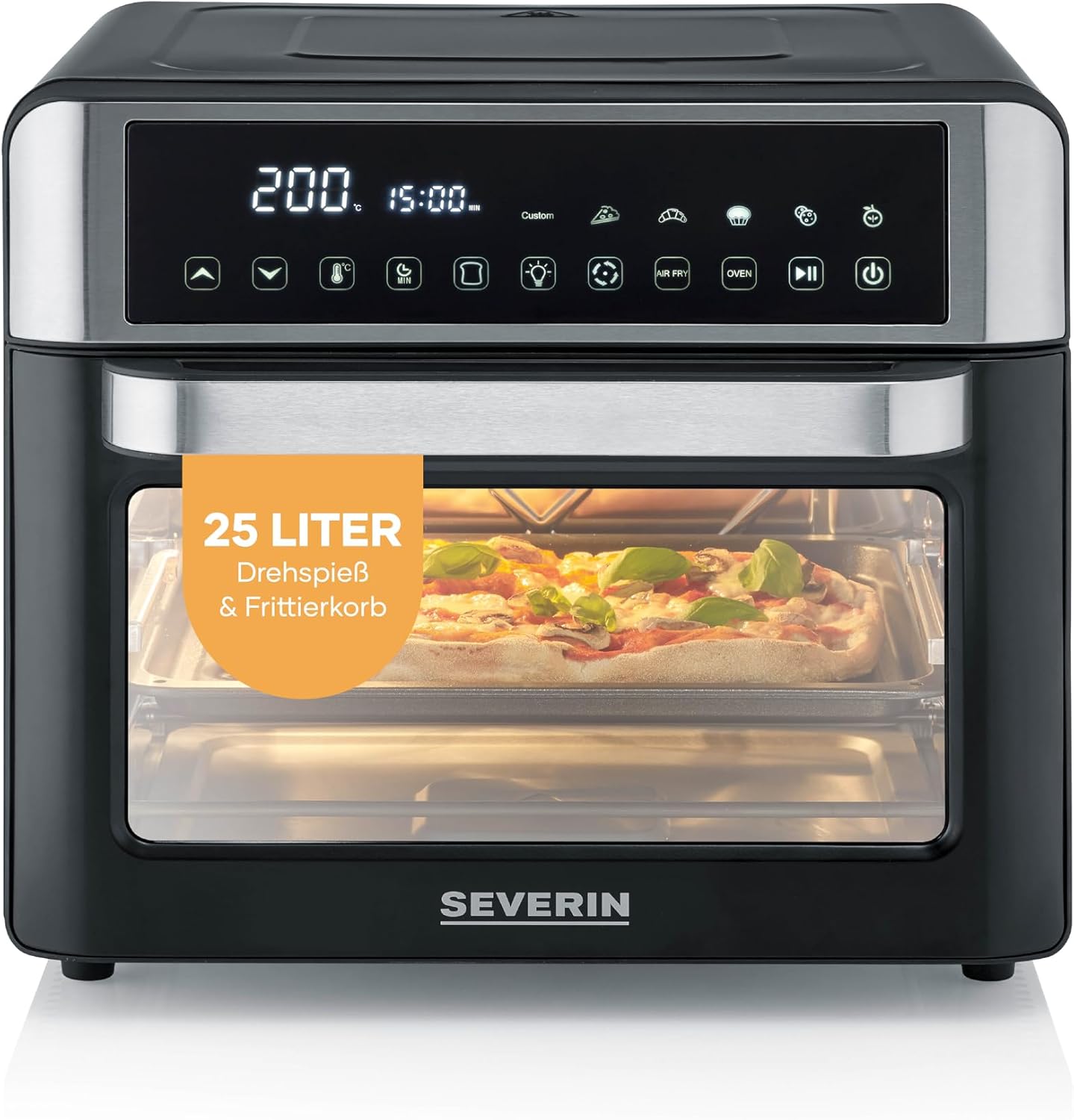 Severin 2-in-1 Toaster & Heißluftfritteuse, Heißluftfritteuse, 25 l, 12 Automatikprogramme, 2200 W, mit LED-Anzeige, Timer, inkl. Backblech, Grillrost, Frittierkorb, 40–220 °C, Schwarz/Silber, TO 9579
