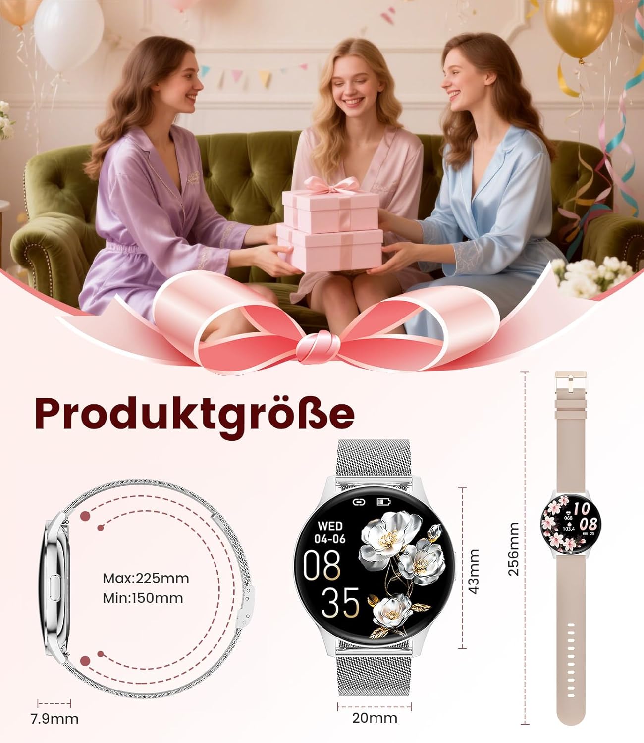 Damen-Smartwatch mit Anrufen – 7,99 mm ultradünne elegante Fitnessuhr mit 1,43 Zoll HD Always-On-Display, IP68 wasserdicht, 100+ Sportmodi, Damengesundheit für iOS Android, Silber – Bild 3