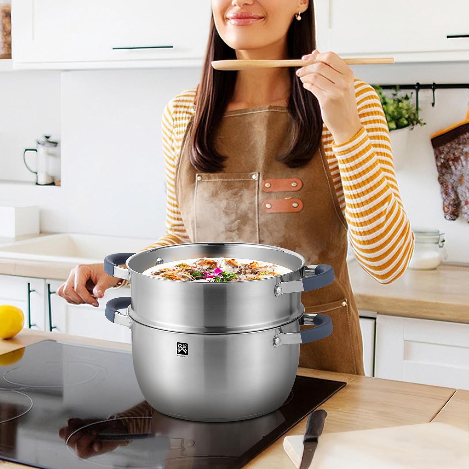 Dampfgarer mit Glasdeckel 24 cm, Edelstahl 5,3 l Dampftopf inklusive Dampfkorb, Induktionsdämpfer, Kartoffeldämpfer, Couscous-Topf, geeignet für Gemüse, Suppen, Knödel, Backofen und Spülmaschine – Bild 7