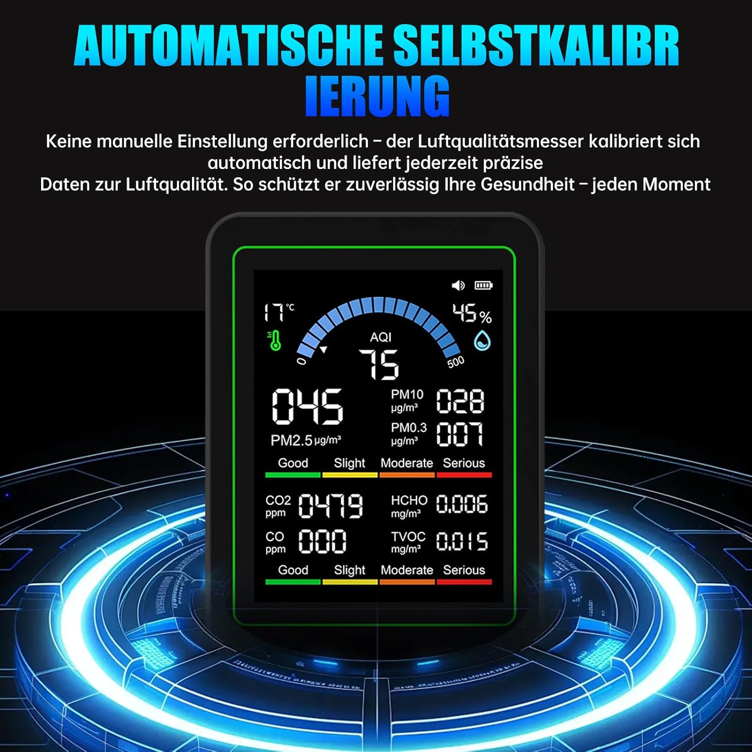 10-in-1-Luftqualitätsmonitor mit 2,8-Zoll-Farbdisplay und 4-Farben-Alarm, Messung von CO₂, PM1,0/PM2,5/PM10, HCHO, Temperatur und Luftfeuchtigkeit. Luftüberwachungsgerät mit Typ C für Zuhause – Bild 6