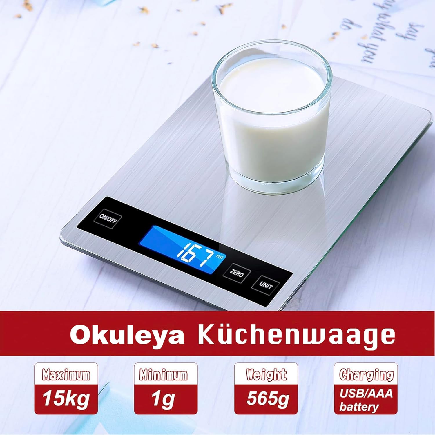 Küchenwaage Digitale Küchenwaage – Digitale Waage bis 15 kg und wunderbare Präzision bis 1 g | g/kg/lb:oz/ml/fl'oz | Typ oder batteriebetrieben | Haushaltswaagen – Bild 3