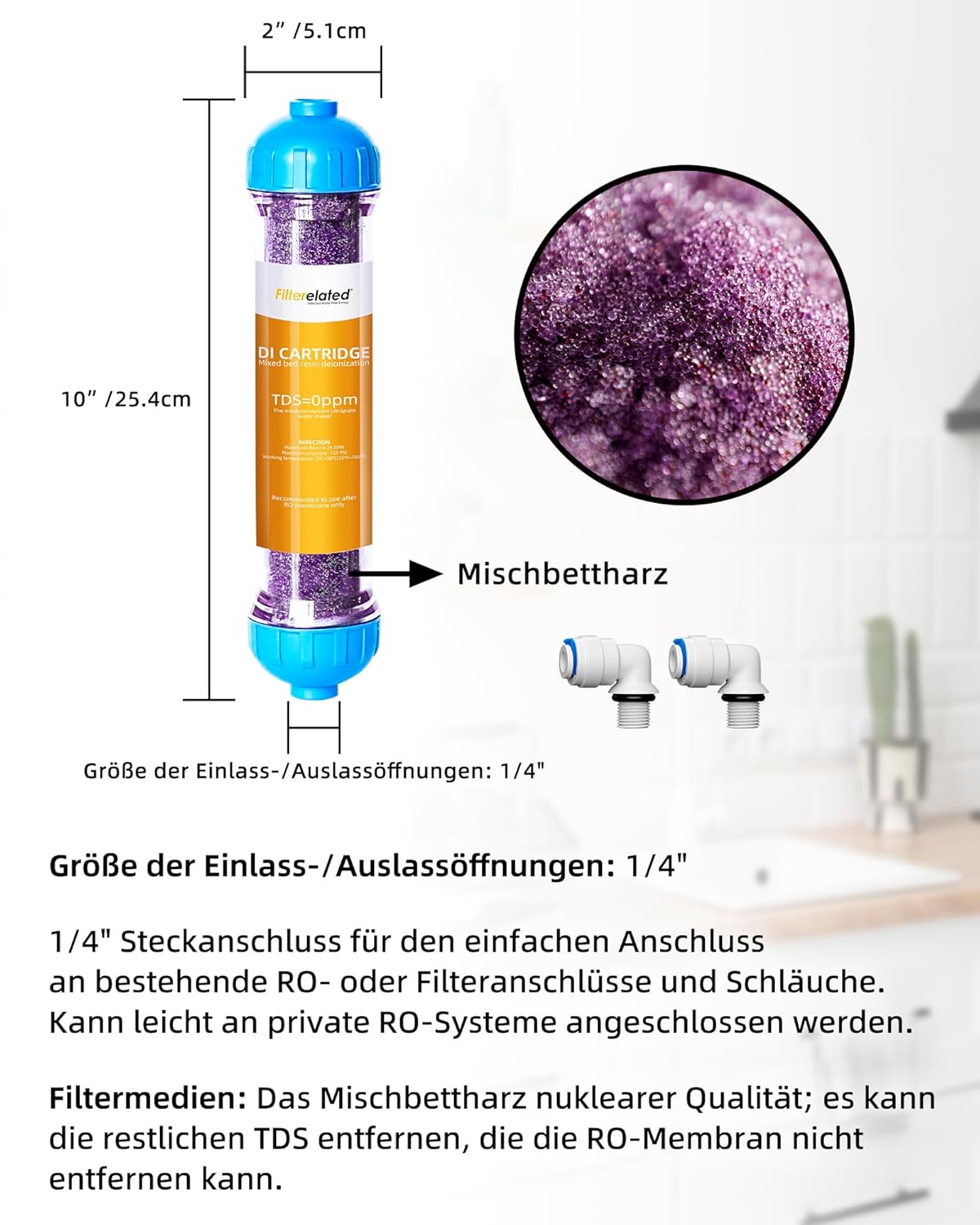 DI-Harzfilter, Aquarium-Osmoseanlage, entionisierter Harzfilter, Wasserfilter, Aquarium-Mischbett-Harz-Entionisierungskartusche, austauschbare Filtermedien, Farbwechsel, TDS reduzieren – Bild 2