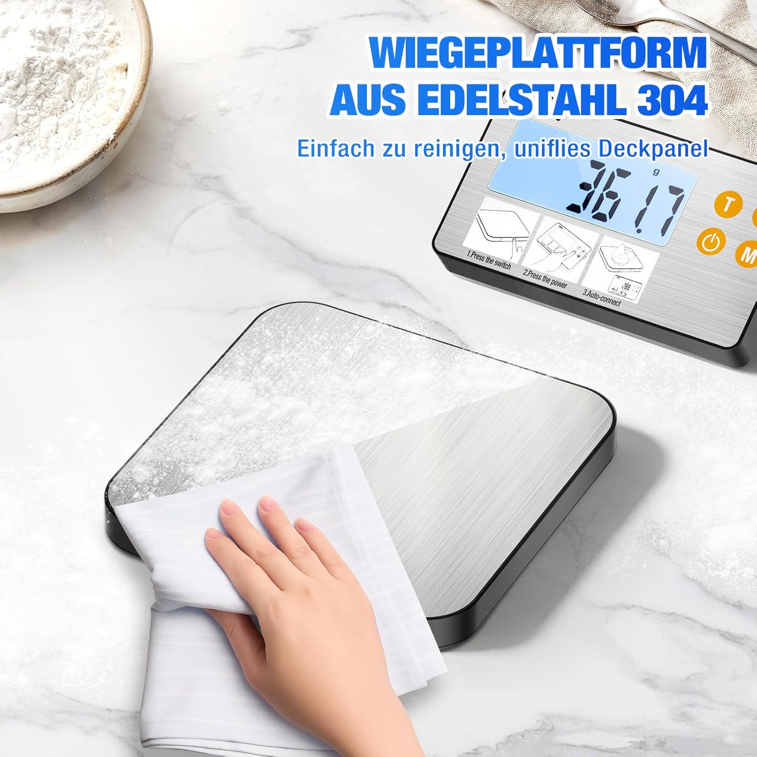 Diyife Küchenwaage, digital, geteilt, Edelstahl, 1 g/15 kg, Haushaltswaage, USB-Aufladung und batteriebetrieben, hintergrundbeleuchtetes LCD-Display, Küchenwaage, Zählfunktion zum Backen, Kochen, Essen – Bild 7