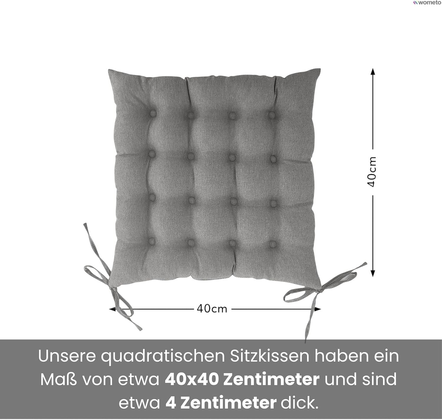 wometo 2er Set Sitzkissen Stuhl 40 x 40 cm Öko-Tex - Grau Mittelgrau Sitzkissen Stuhlkissen mit Bändern/Schleifen für drinnen und draußen (2 Stück) – Bild 2