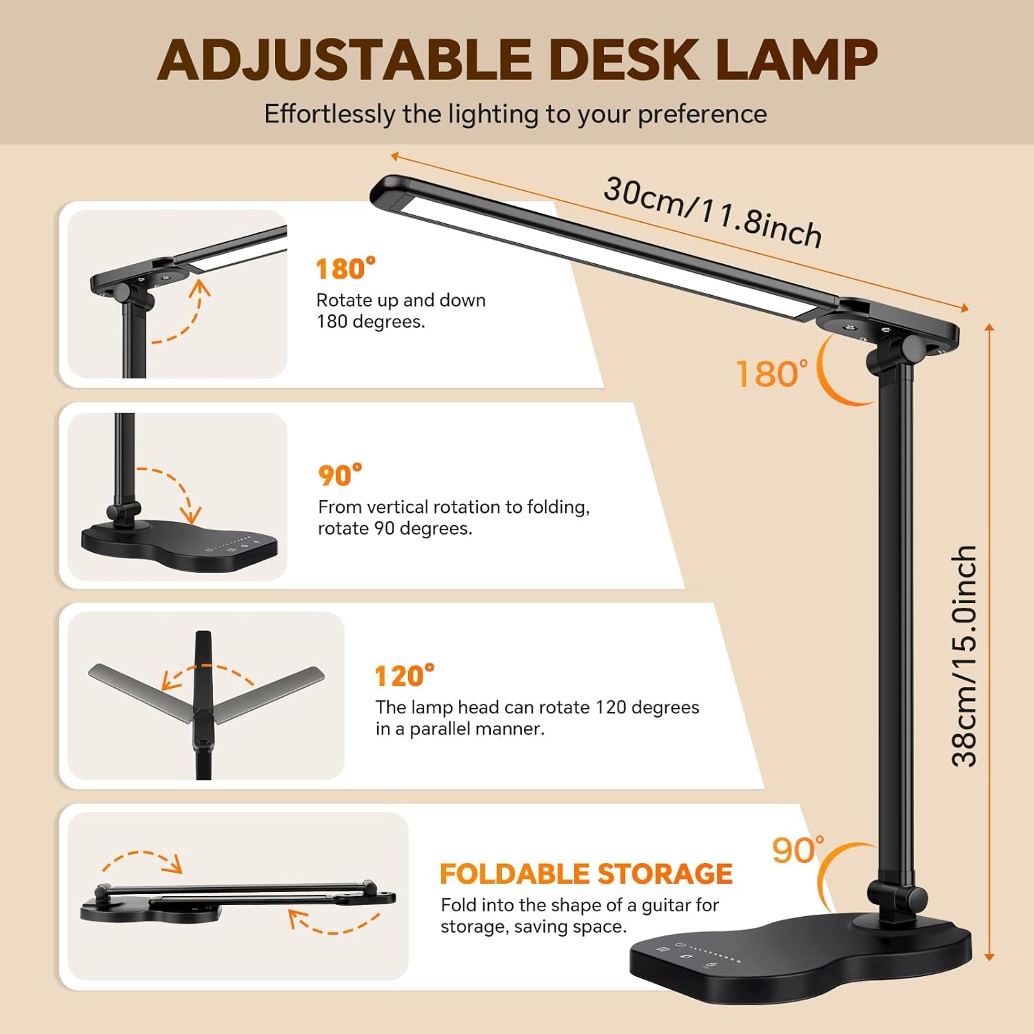 Caldarax Schreibtischlampe LED Dimmbar, Augenschutz Schreibtischlampe, 5 Farben und 10 Helligkeitsstufen, mit Timer und Touch-Steuerung, Tischlampe USB-Anschluss zum Lesen, Büro, Nachttisch, Arbeitszimmer (Schwarz) – Bild 5